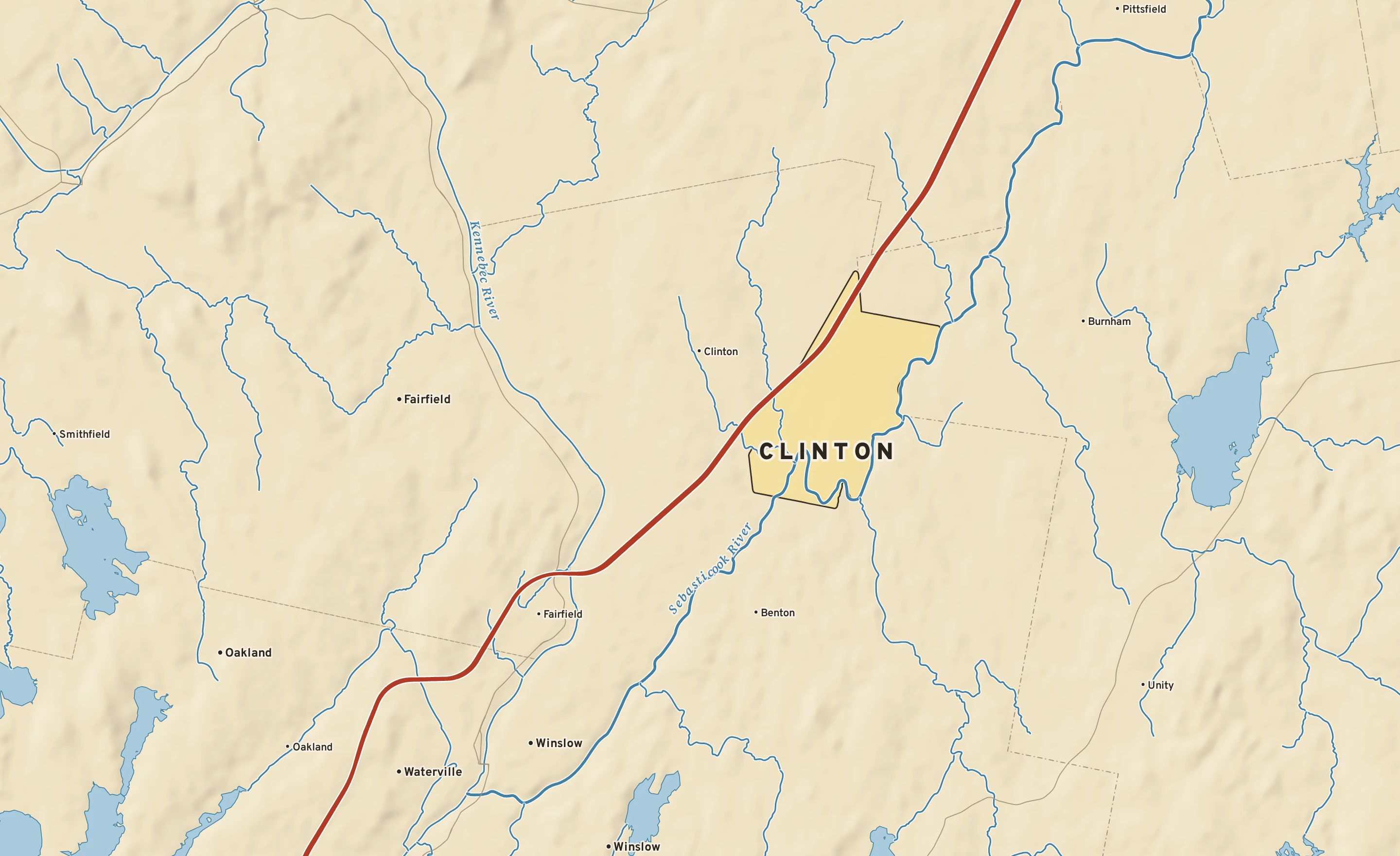 Shaded-relief atlas plate of Clinton, Maine: rivers, roads, the city limits and where the water drains.