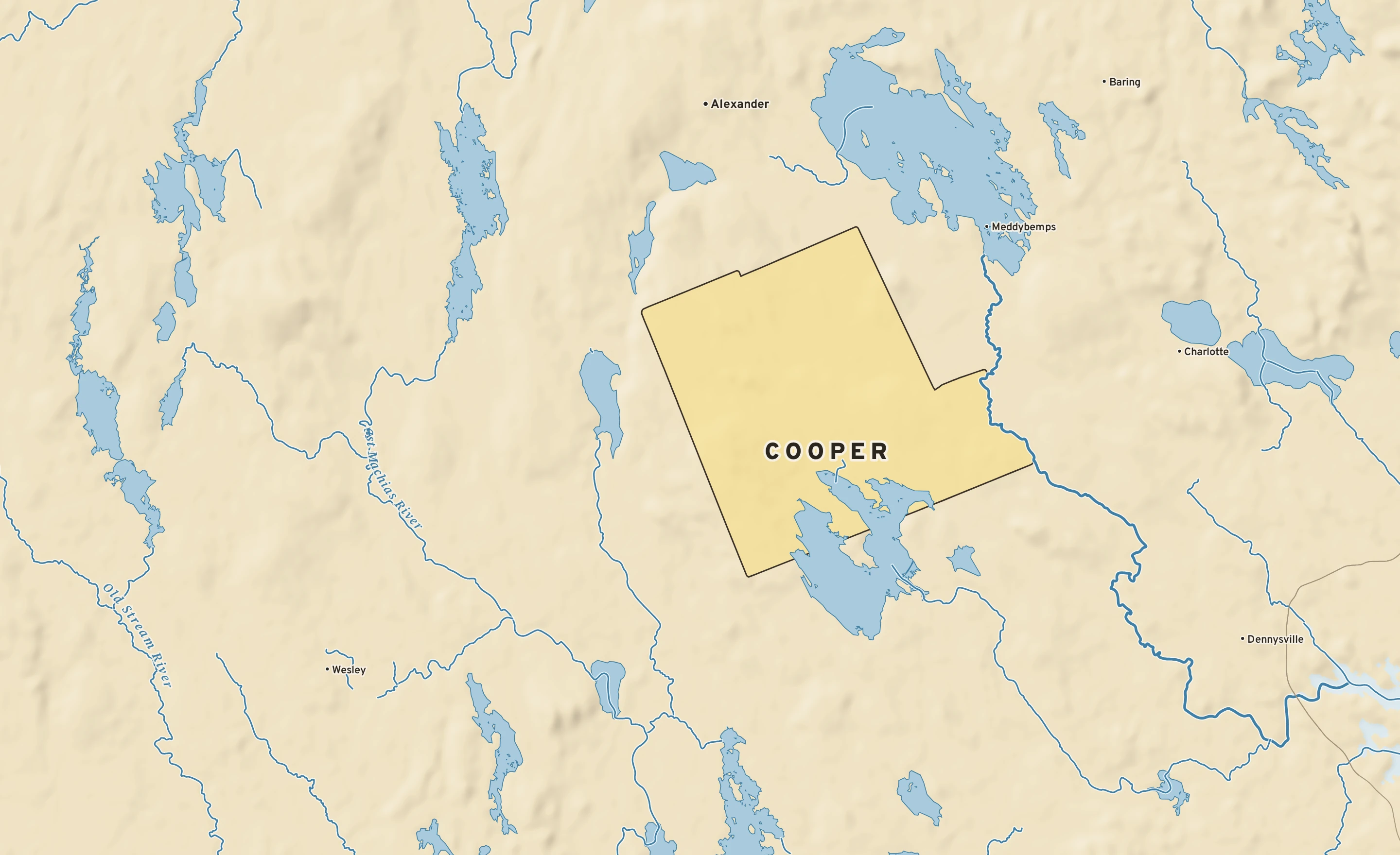 Shaded-relief atlas plate of Cooper, Maine: rivers, roads, the city limits and where the water drains.