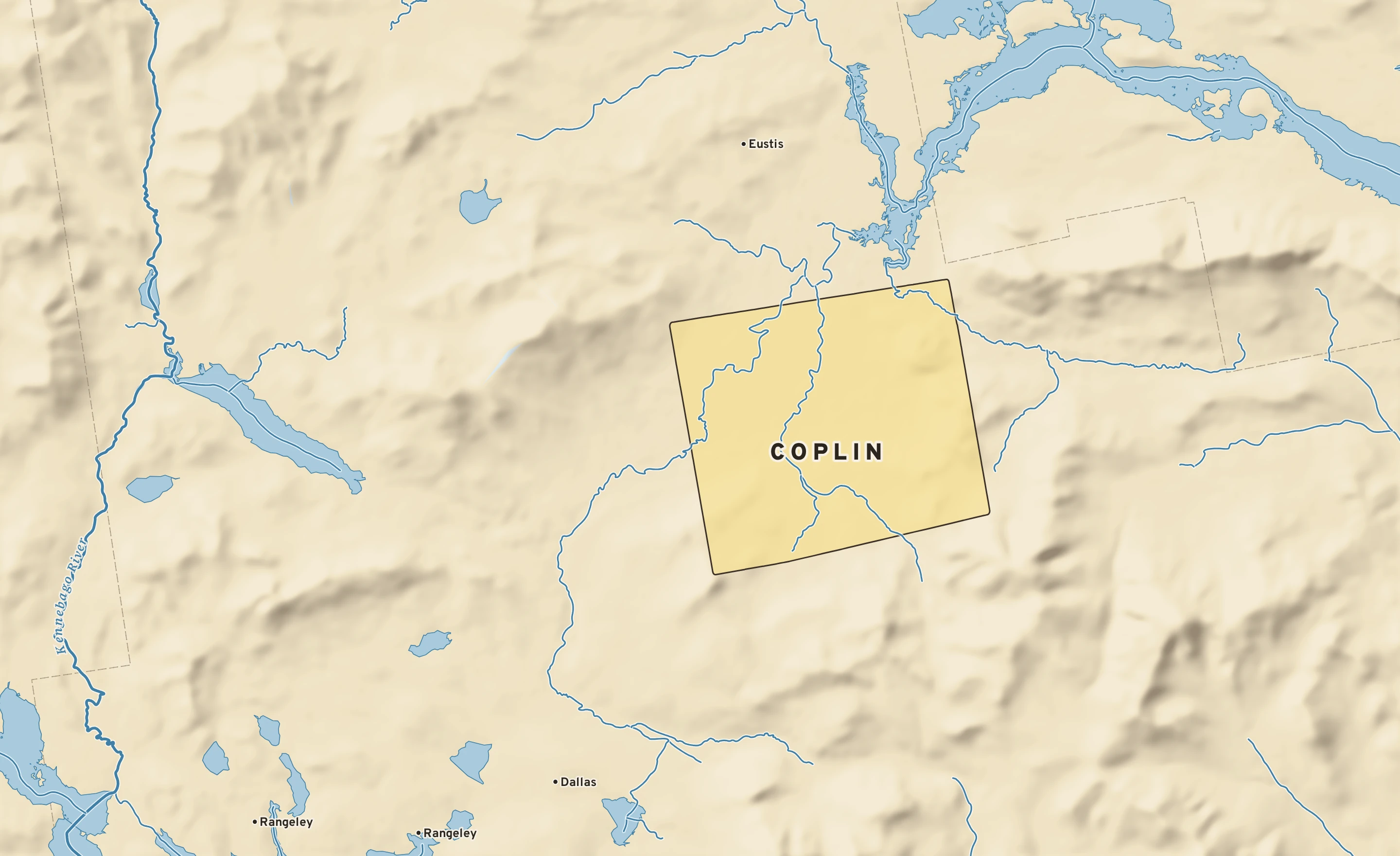 Shaded-relief atlas plate of Coplin, Maine: rivers, roads, the city limits and where the water drains.