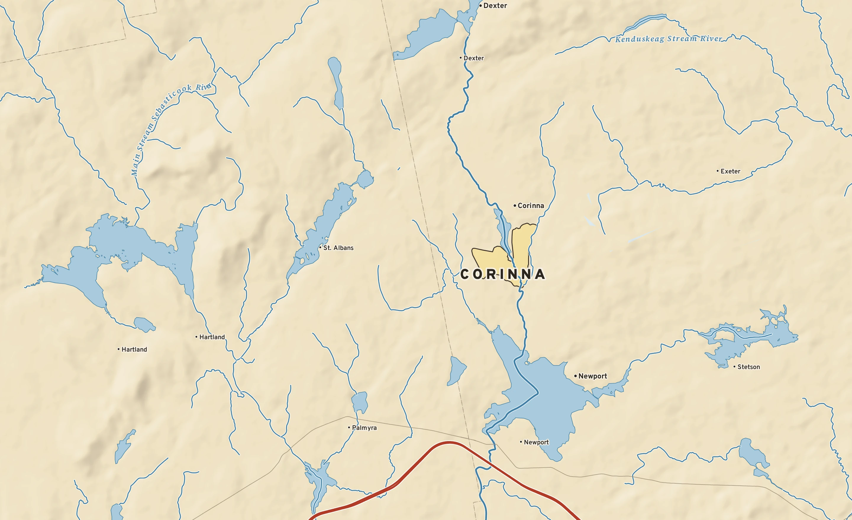 Shaded-relief atlas plate of Corinna, Maine: rivers, roads, the city limits and where the water drains.