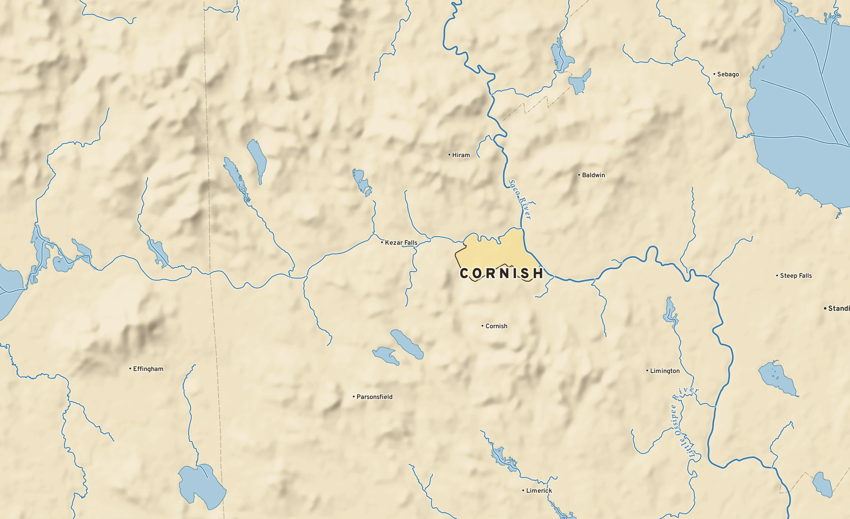 Shaded-relief atlas plate of Cornish, Maine: rivers, roads, the city limits and where the water drains.