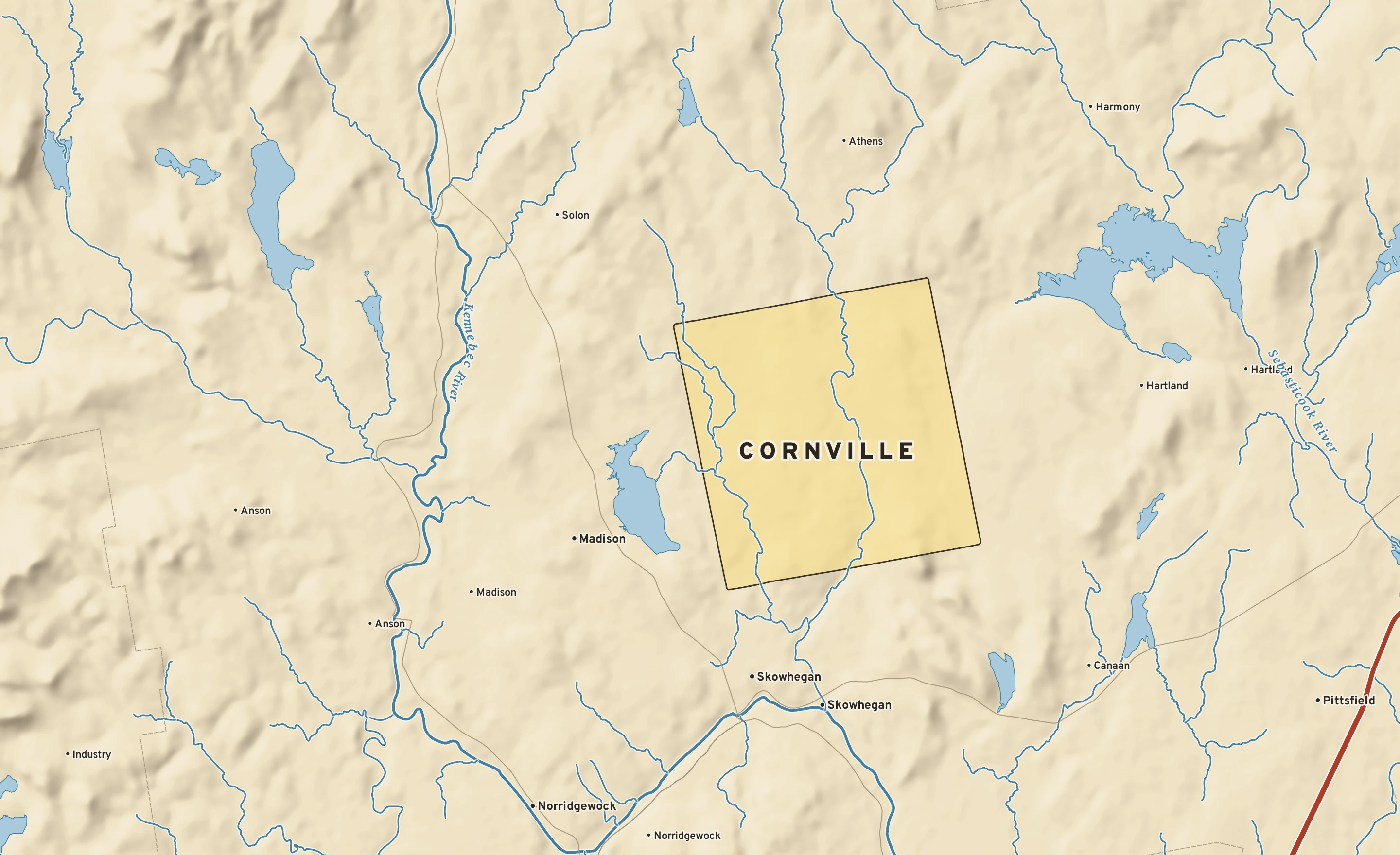 Shaded-relief atlas plate of Cornville, Maine: rivers, roads, the city limits and where the water drains.