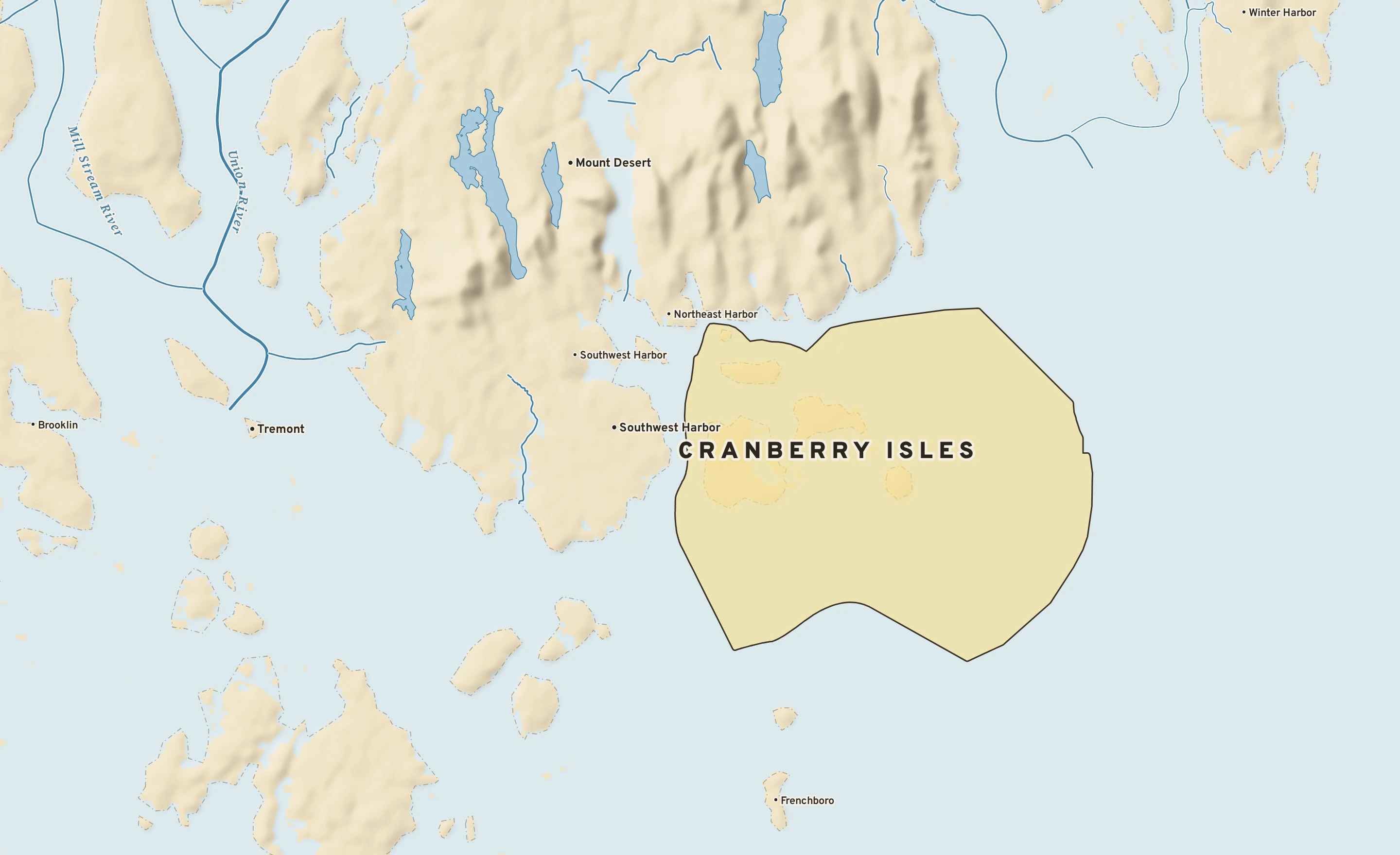 Shaded-relief atlas plate of Cranberry Isles, Maine: rivers, roads, the city limits and where the water drains.