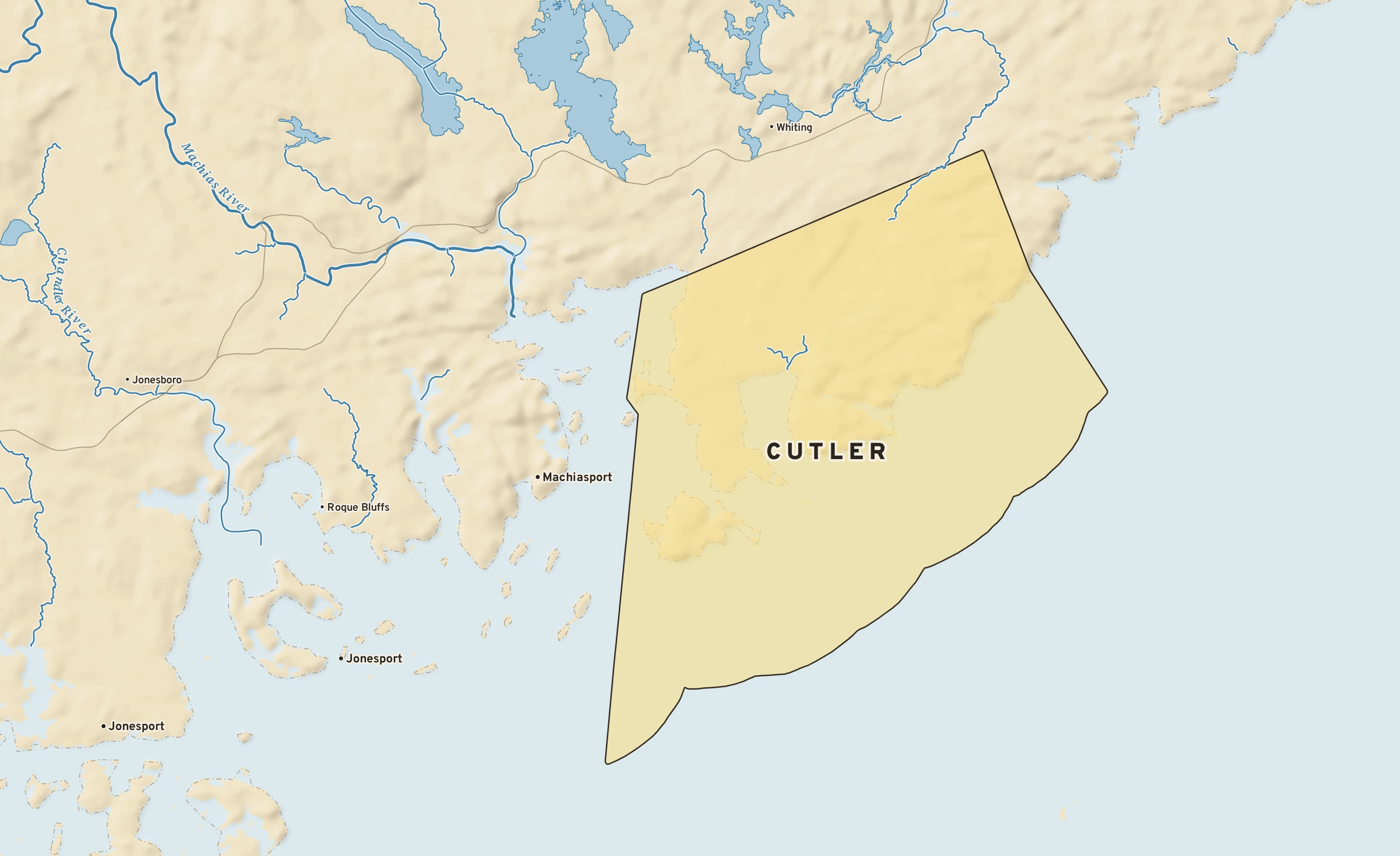 Shaded-relief atlas plate of Cutler, Maine: rivers, roads, the city limits and where the water drains.