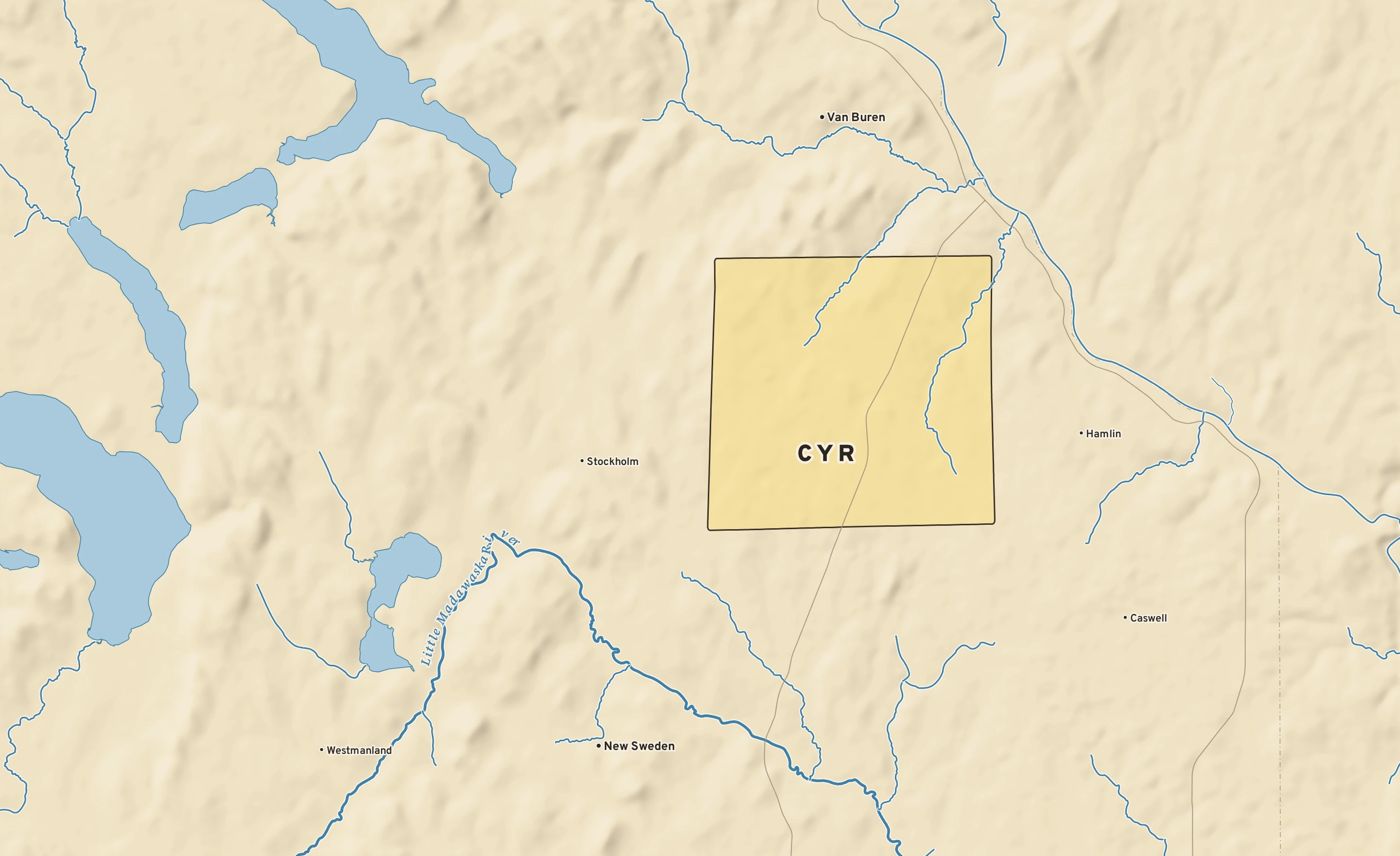 Shaded-relief atlas plate of Cyr, Maine: rivers, roads, the city limits and where the water drains.
