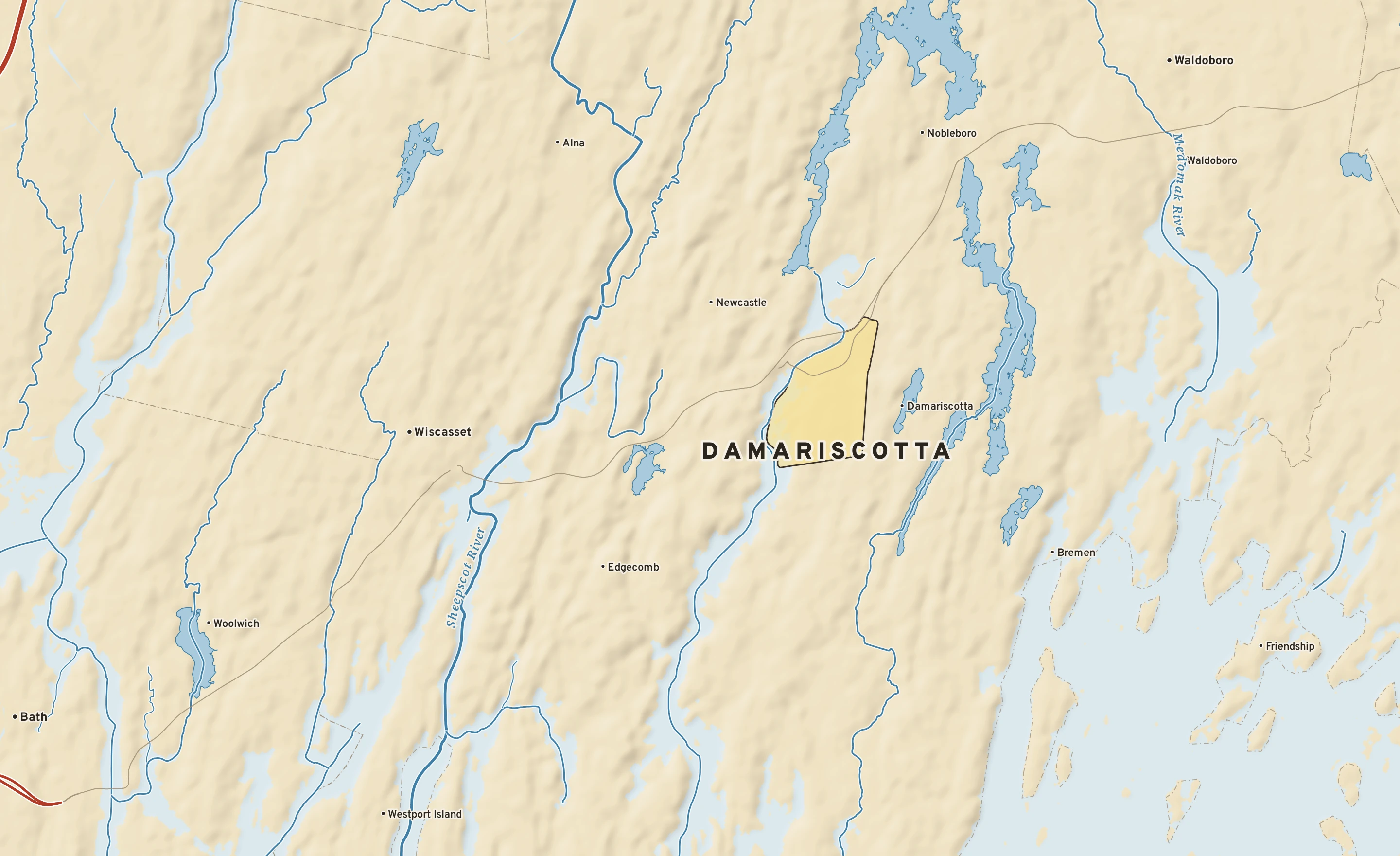 Shaded-relief atlas plate of Damariscotta, Maine: rivers, roads, the city limits and where the water drains.
