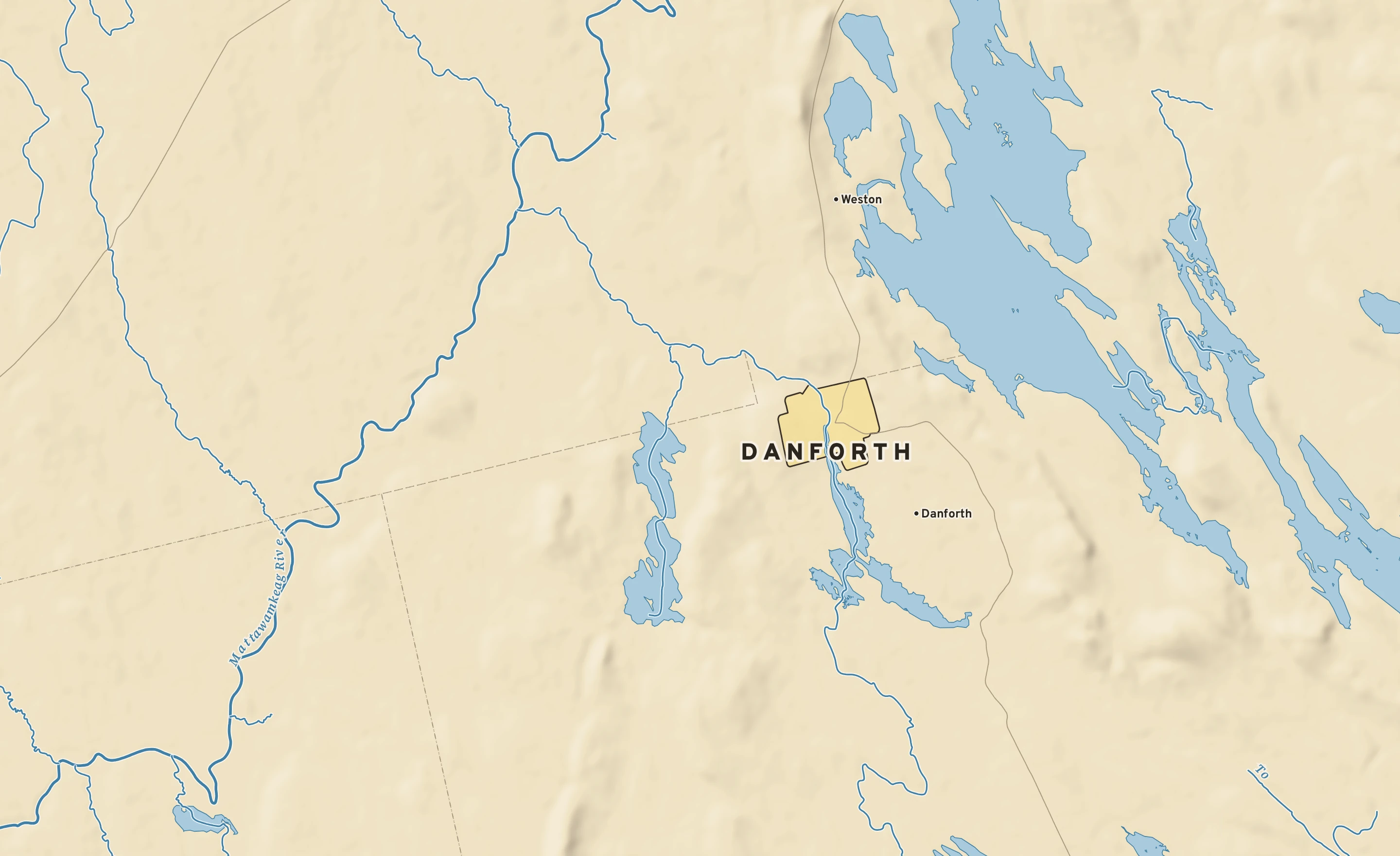 Shaded-relief atlas plate of Danforth, Maine: rivers, roads, the city limits and where the water drains.