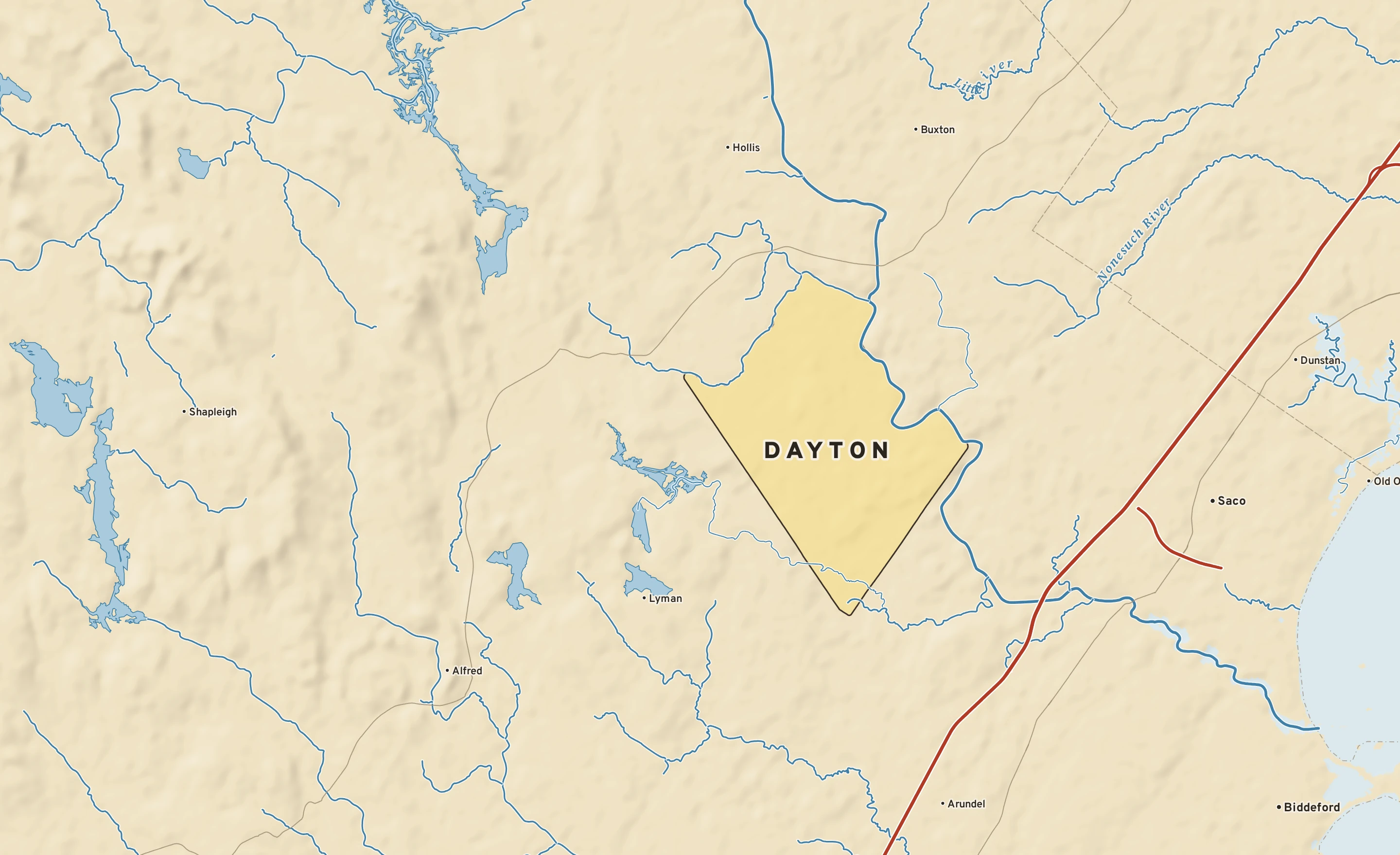 Shaded-relief atlas plate of Dayton, Maine: rivers, roads, the city limits and where the water drains.