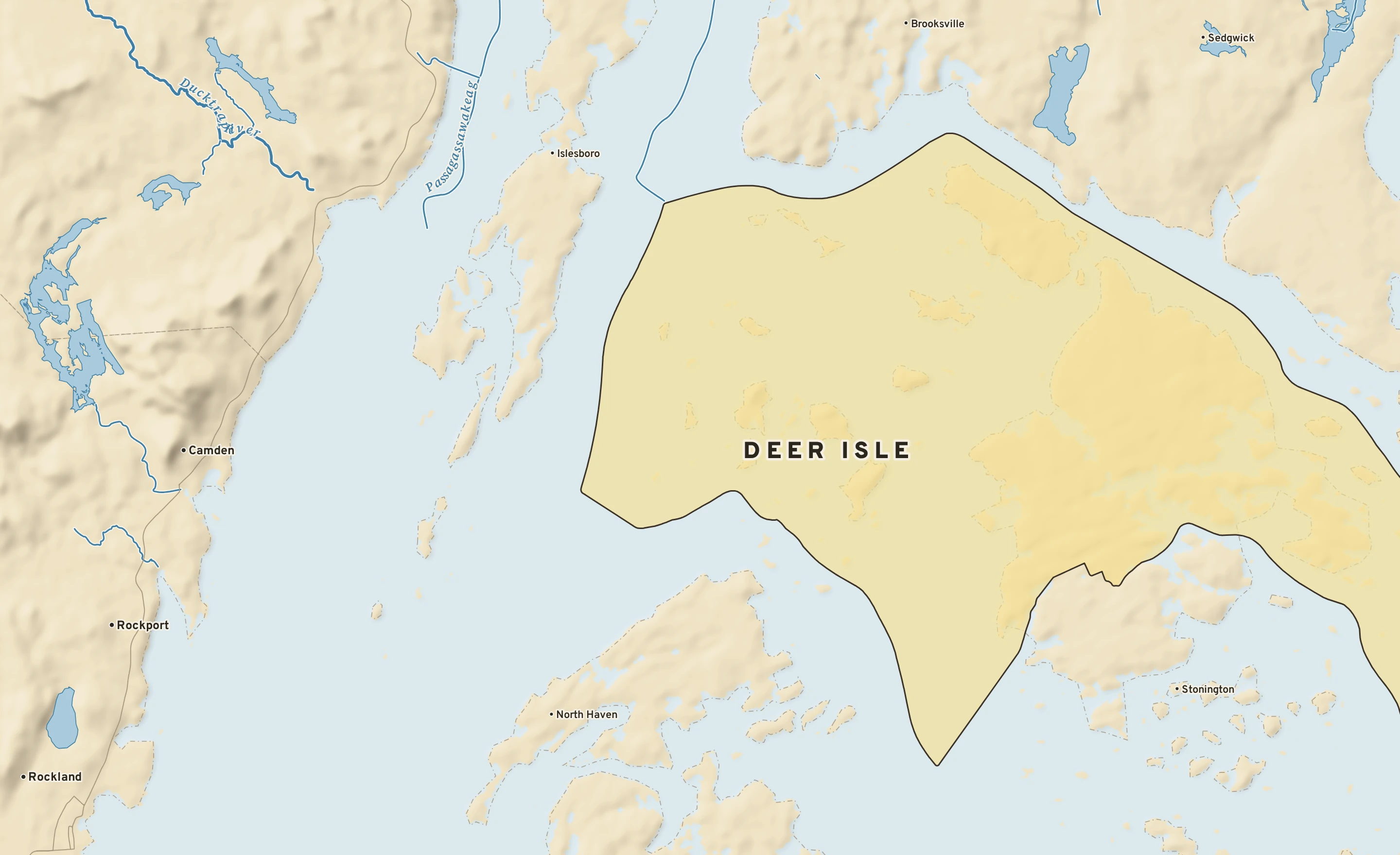 Shaded-relief atlas plate of Deer Isle, Maine: rivers, roads, the city limits and where the water drains.