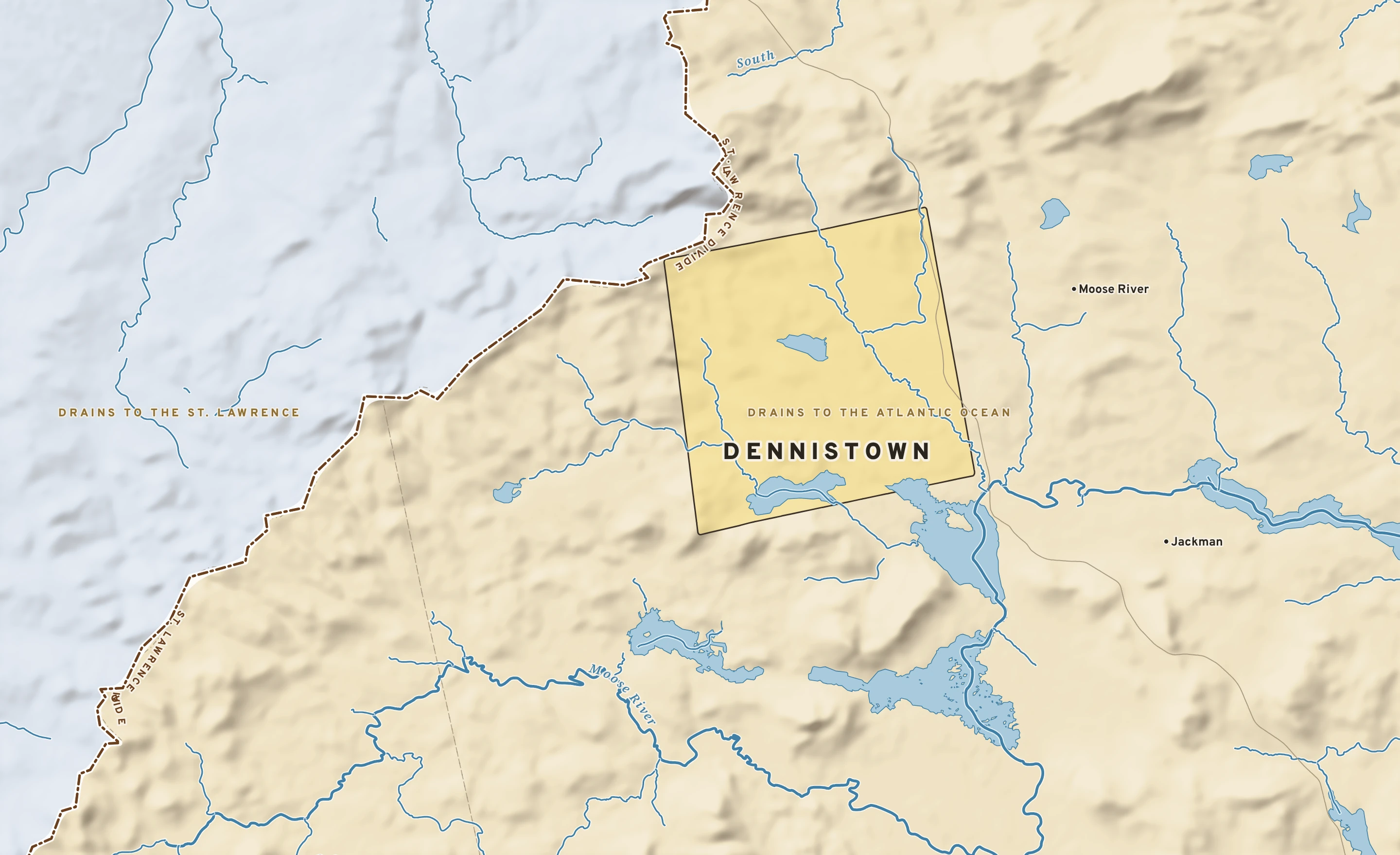 Shaded-relief atlas plate of Dennistown, Maine: rivers, roads, the city limits and where the water drains.