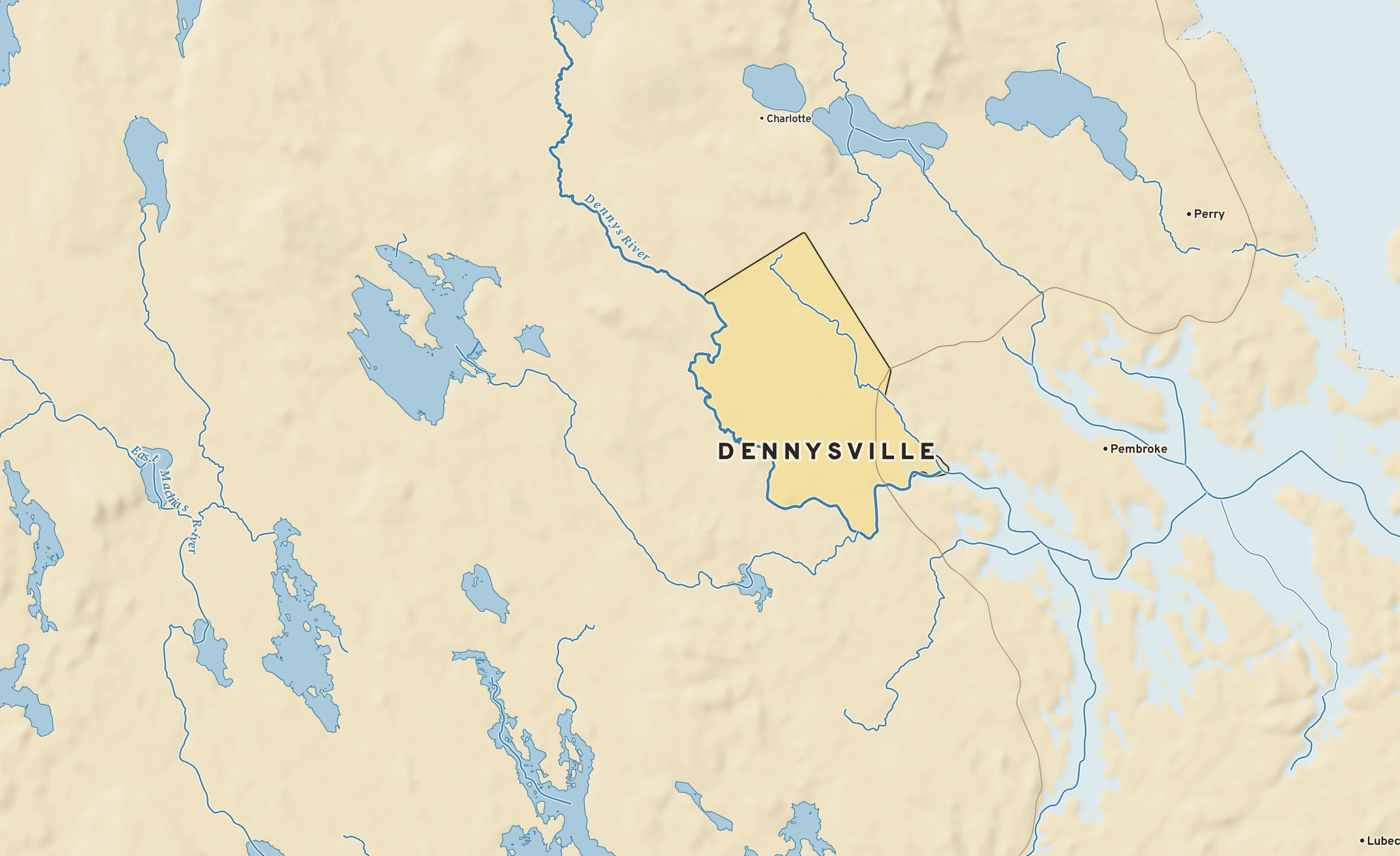 Shaded-relief atlas plate of Dennysville, Maine: rivers, roads, the city limits and where the water drains.