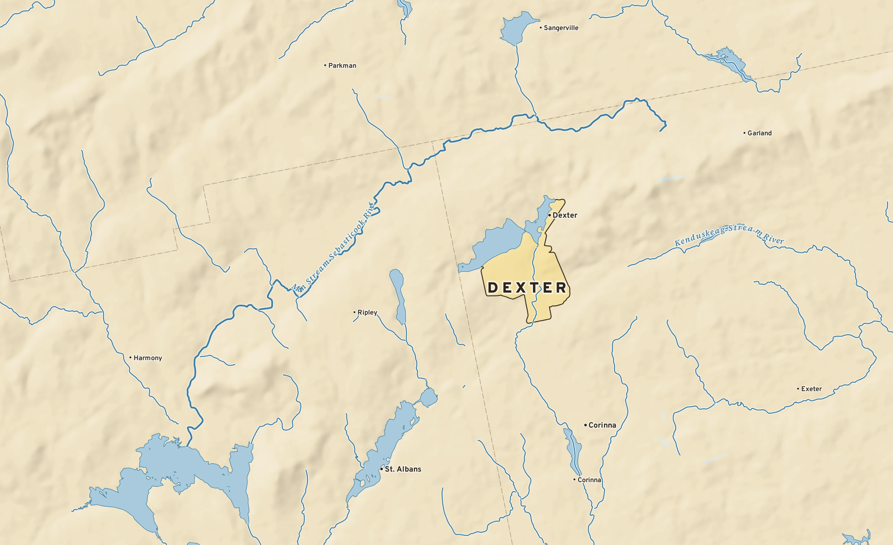 Shaded-relief atlas plate of Dexter, Maine: rivers, roads, the city limits and where the water drains.