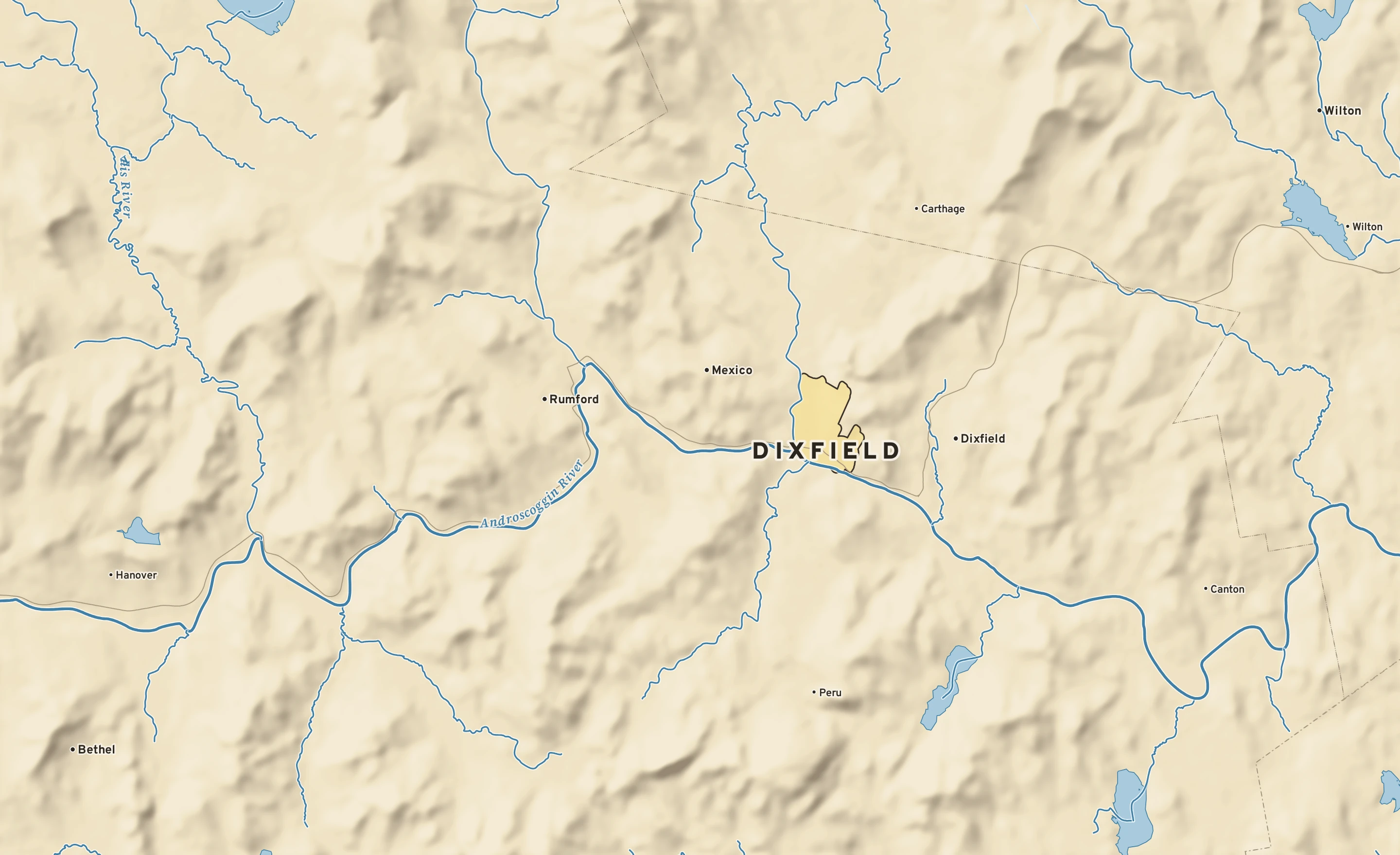 Shaded-relief atlas plate of Dixfield, Maine: rivers, roads, the city limits and where the water drains.