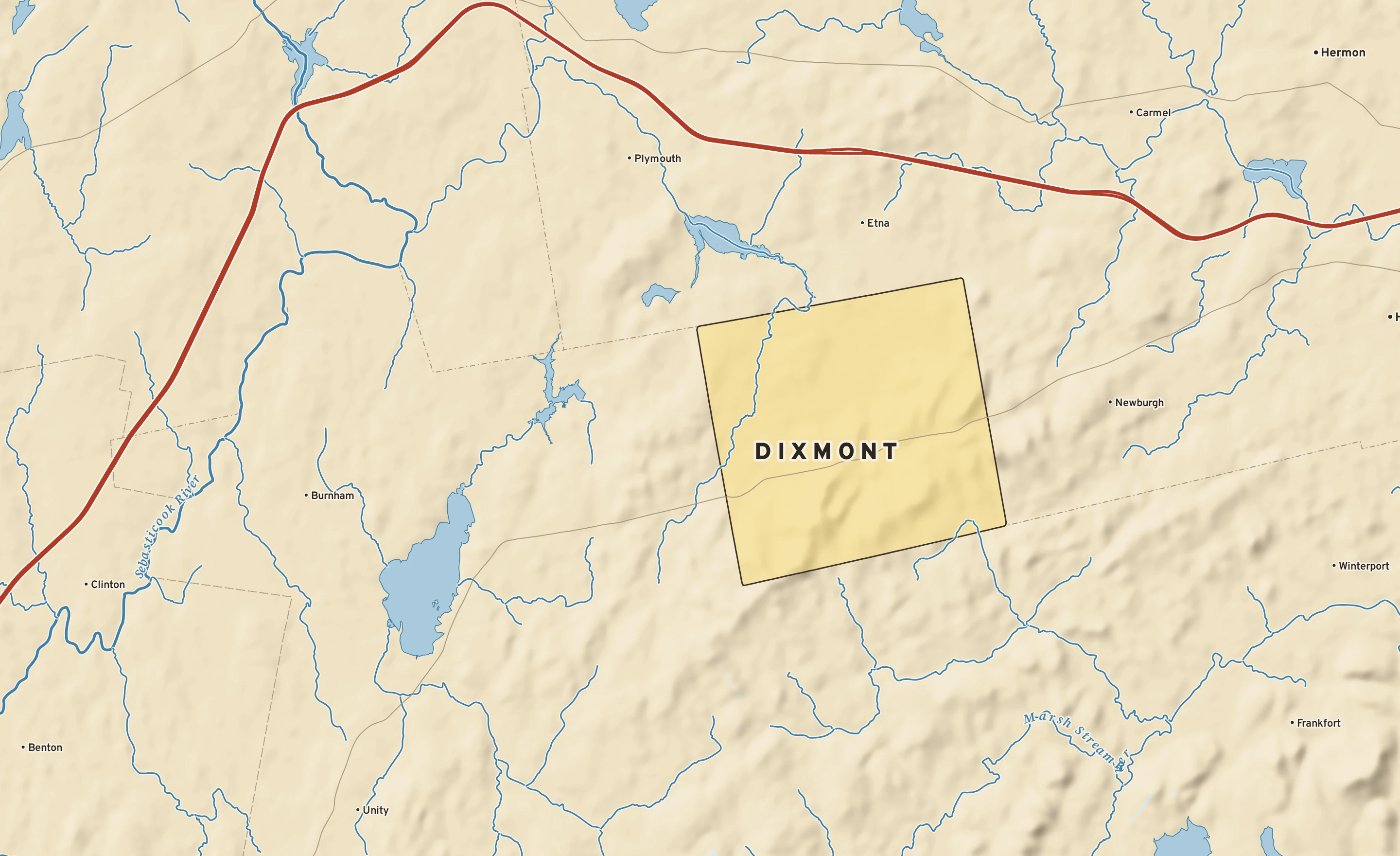 Shaded-relief atlas plate of Dixmont, Maine: rivers, roads, the city limits and where the water drains.