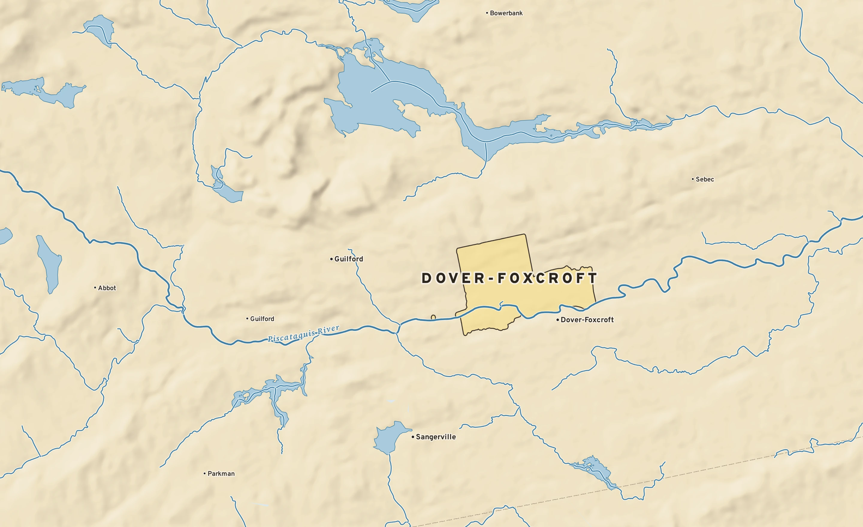 Shaded-relief atlas plate of Dover-Foxcroft, Maine: rivers, roads, the city limits and where the water drains.