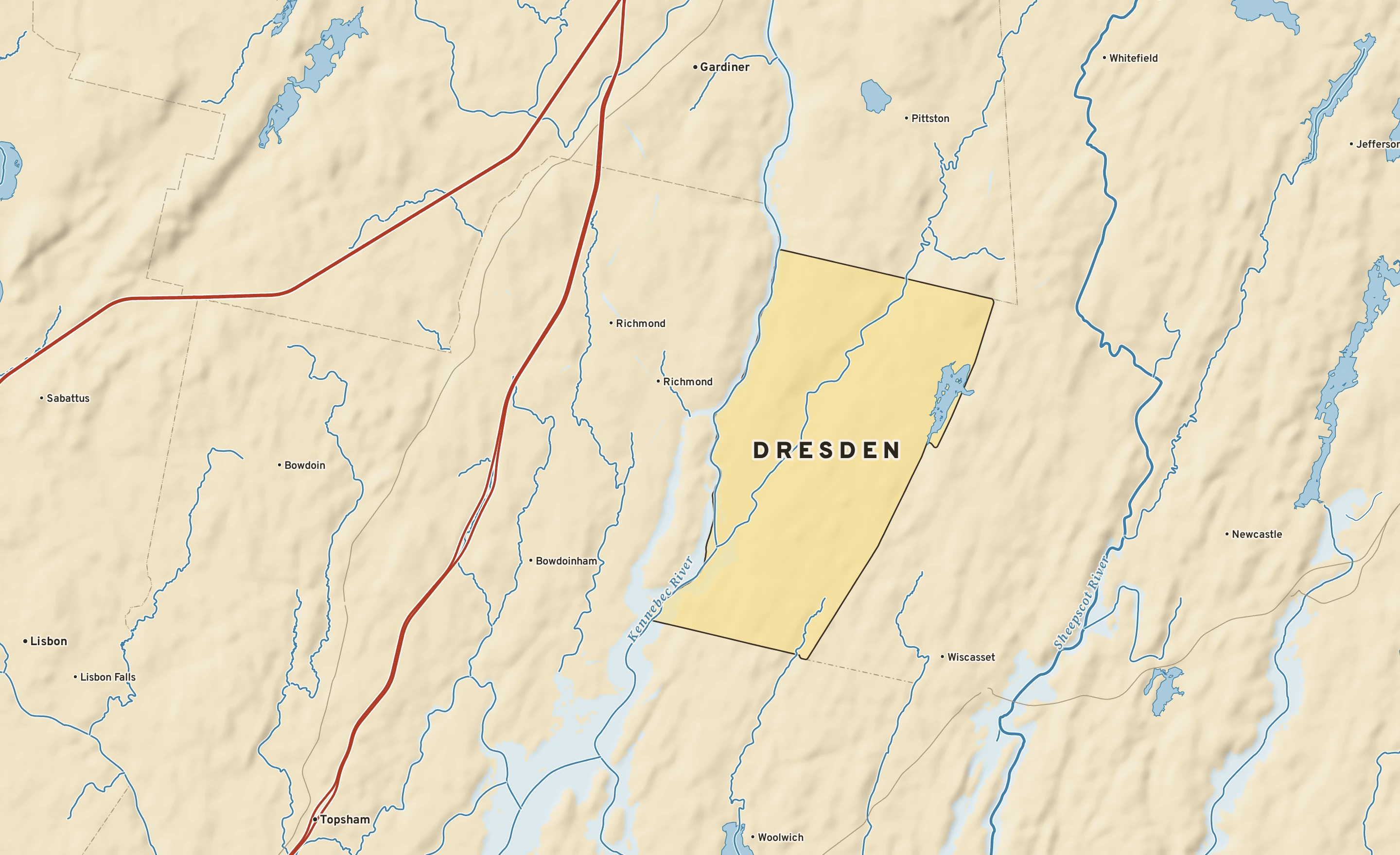 Shaded-relief atlas plate of Dresden, Maine: rivers, roads, the city limits and where the water drains.