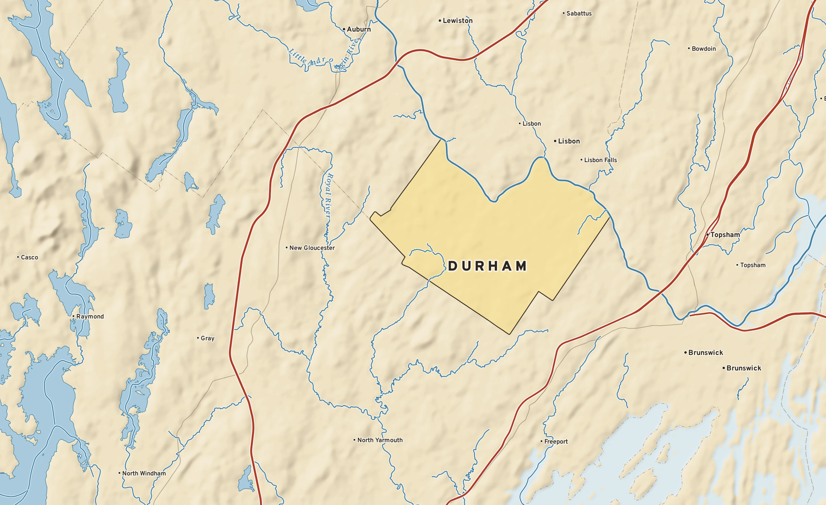 Shaded-relief atlas plate of Durham, Maine: rivers, roads, the city limits and where the water drains.