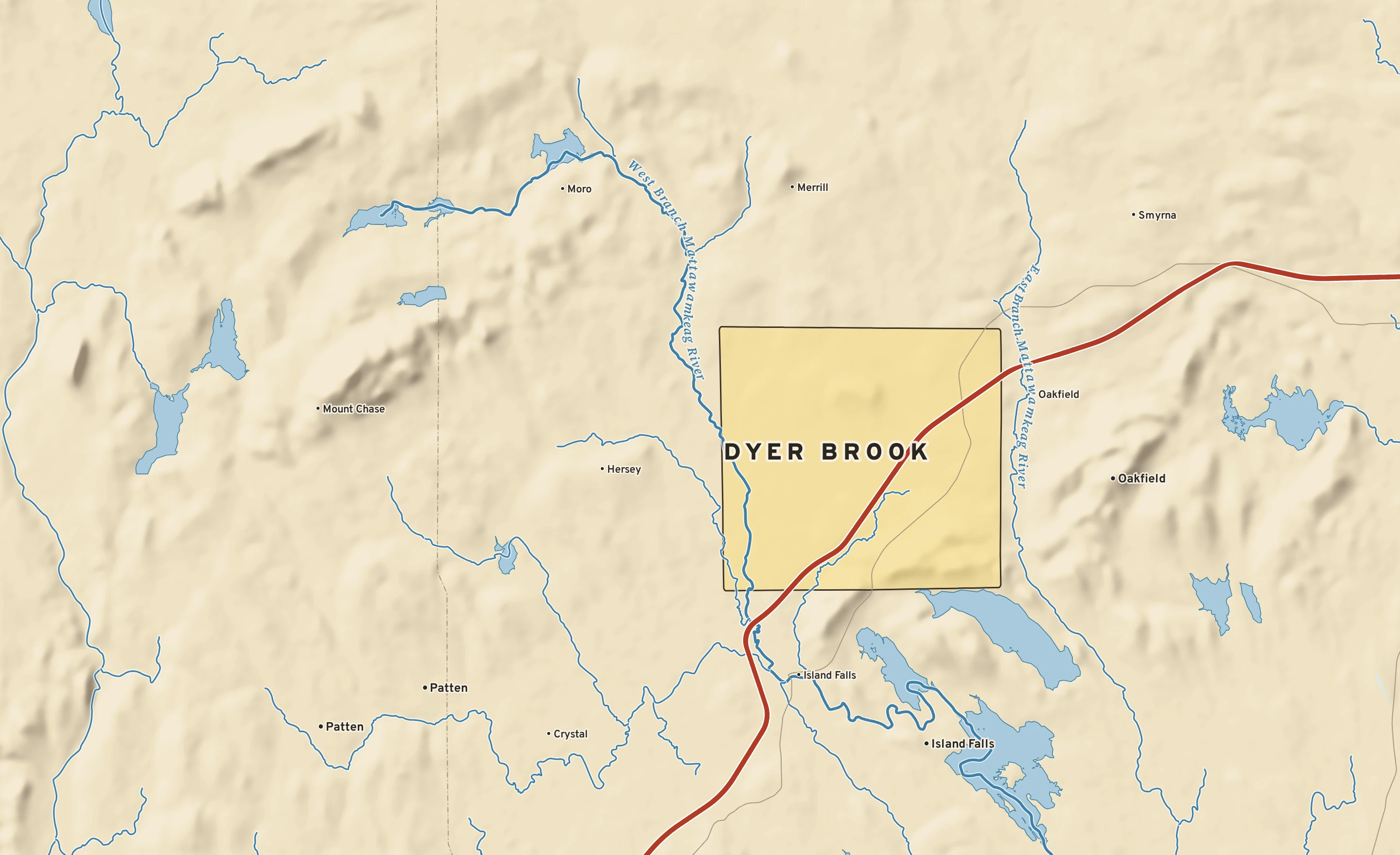 Shaded-relief atlas plate of Dyer Brook, Maine: rivers, roads, the city limits and where the water drains.