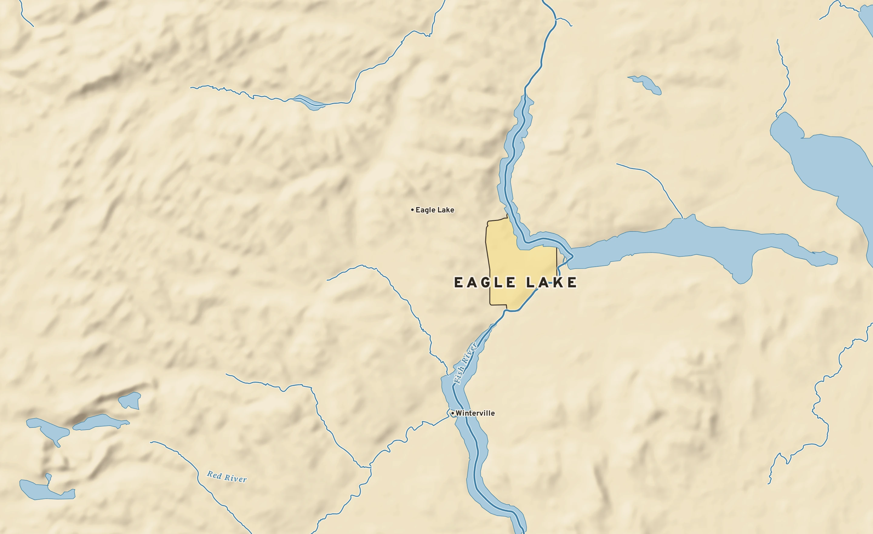 Shaded-relief atlas plate of Eagle Lake, Maine: rivers, roads, the city limits and where the water drains.