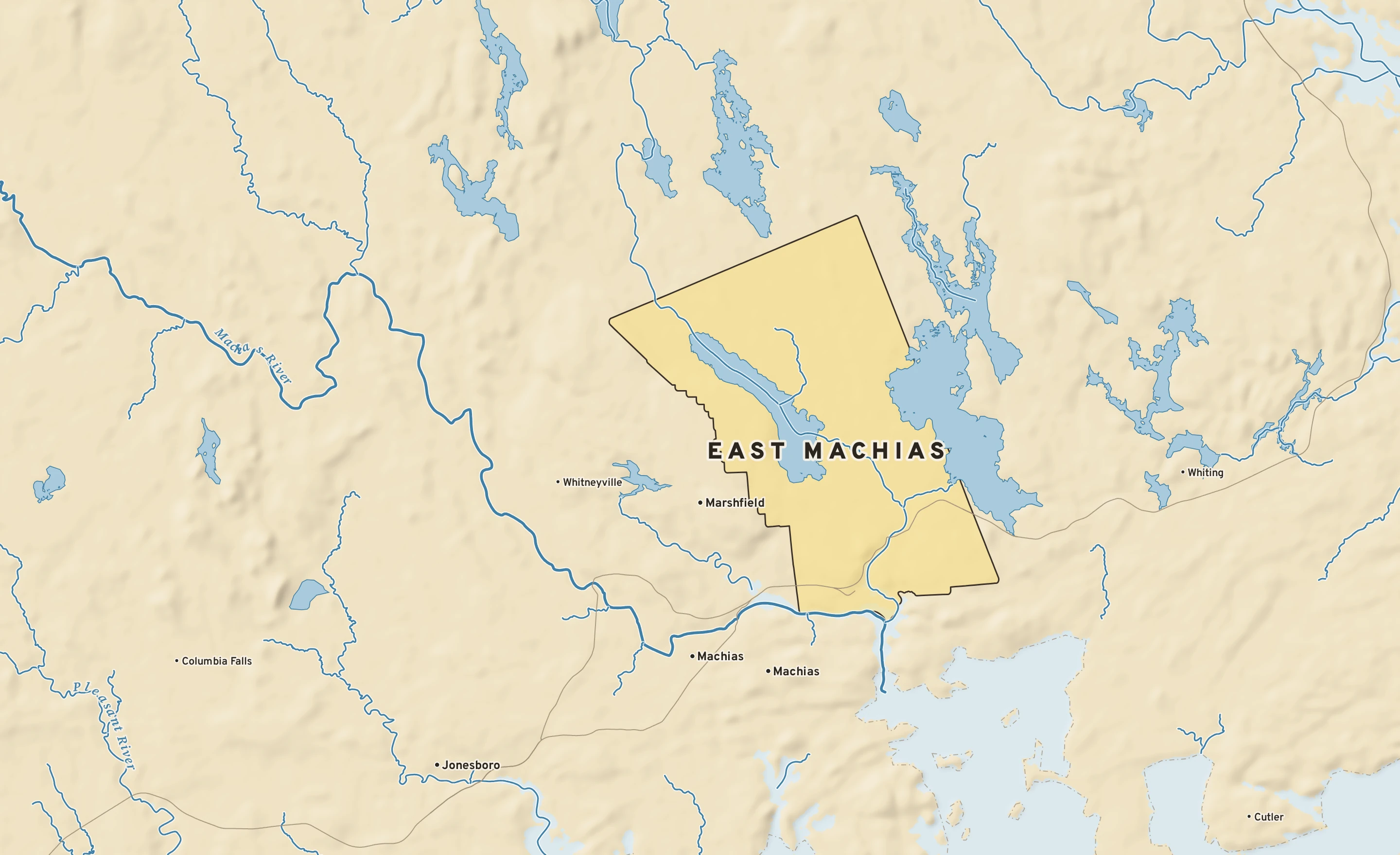 Shaded-relief atlas plate of East Machias, Maine: rivers, roads, the city limits and where the water drains.