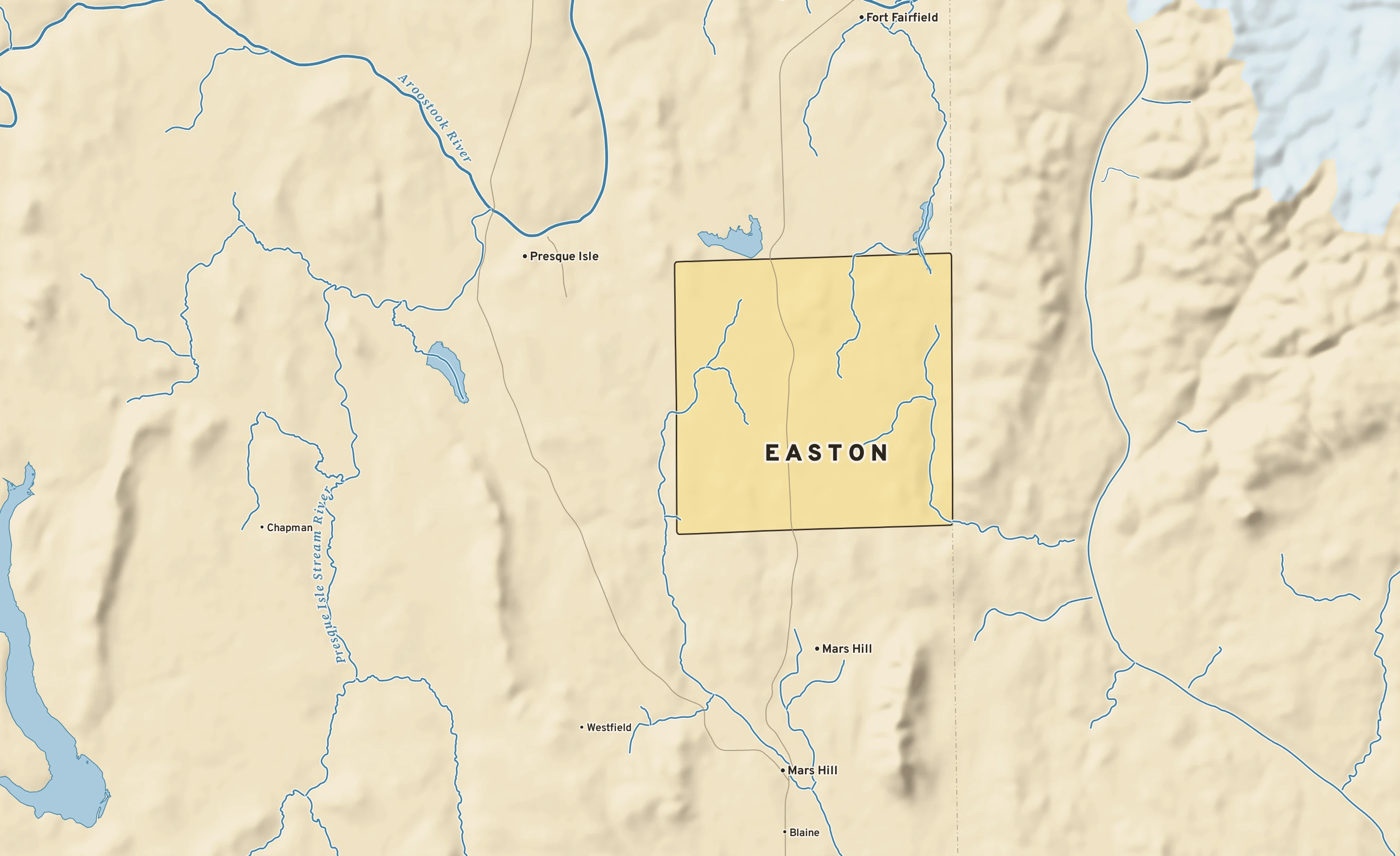 Shaded-relief atlas plate of Easton, Maine: rivers, roads, the city limits and where the water drains.