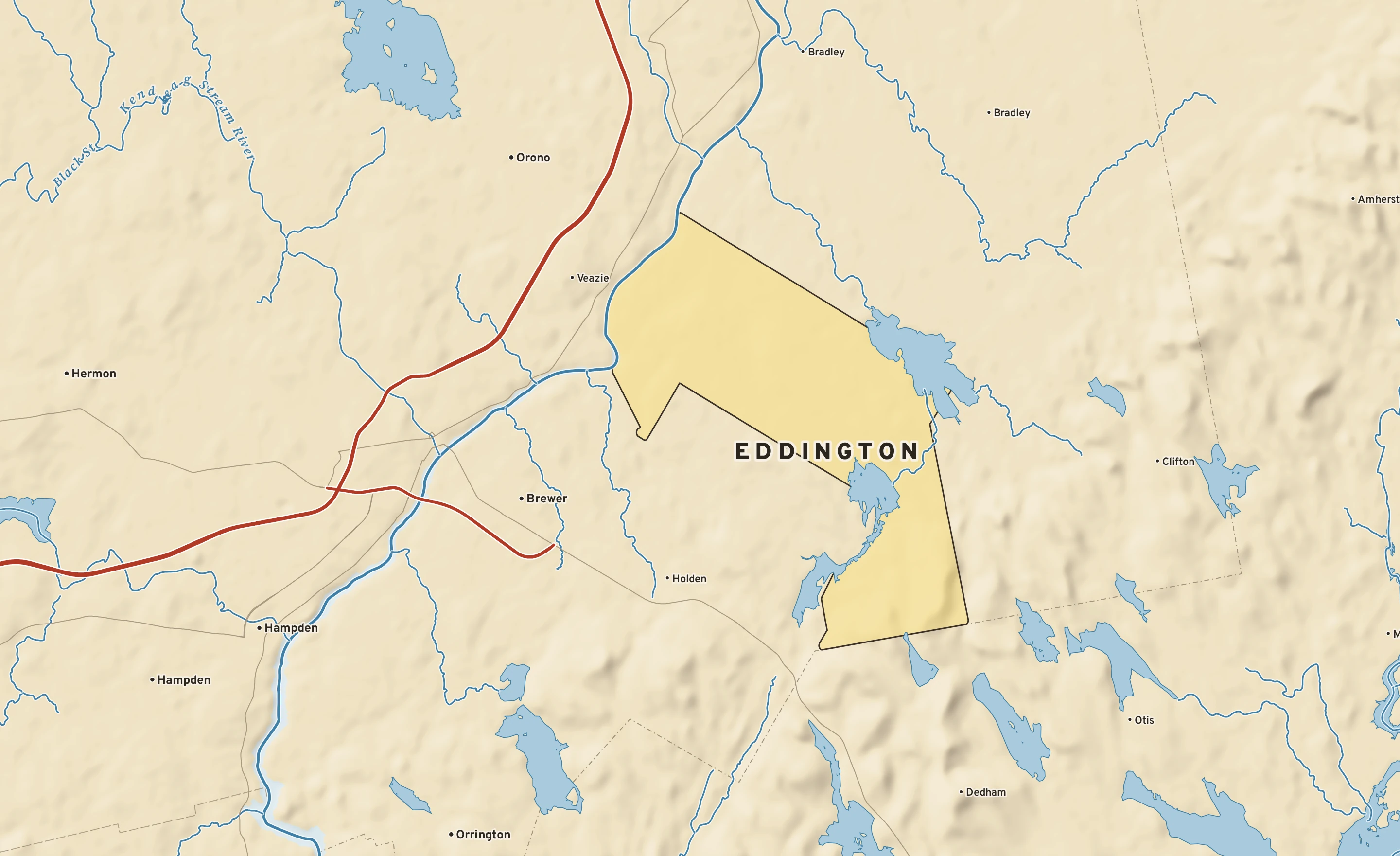 Shaded-relief atlas plate of Eddington, Maine: rivers, roads, the city limits and where the water drains.