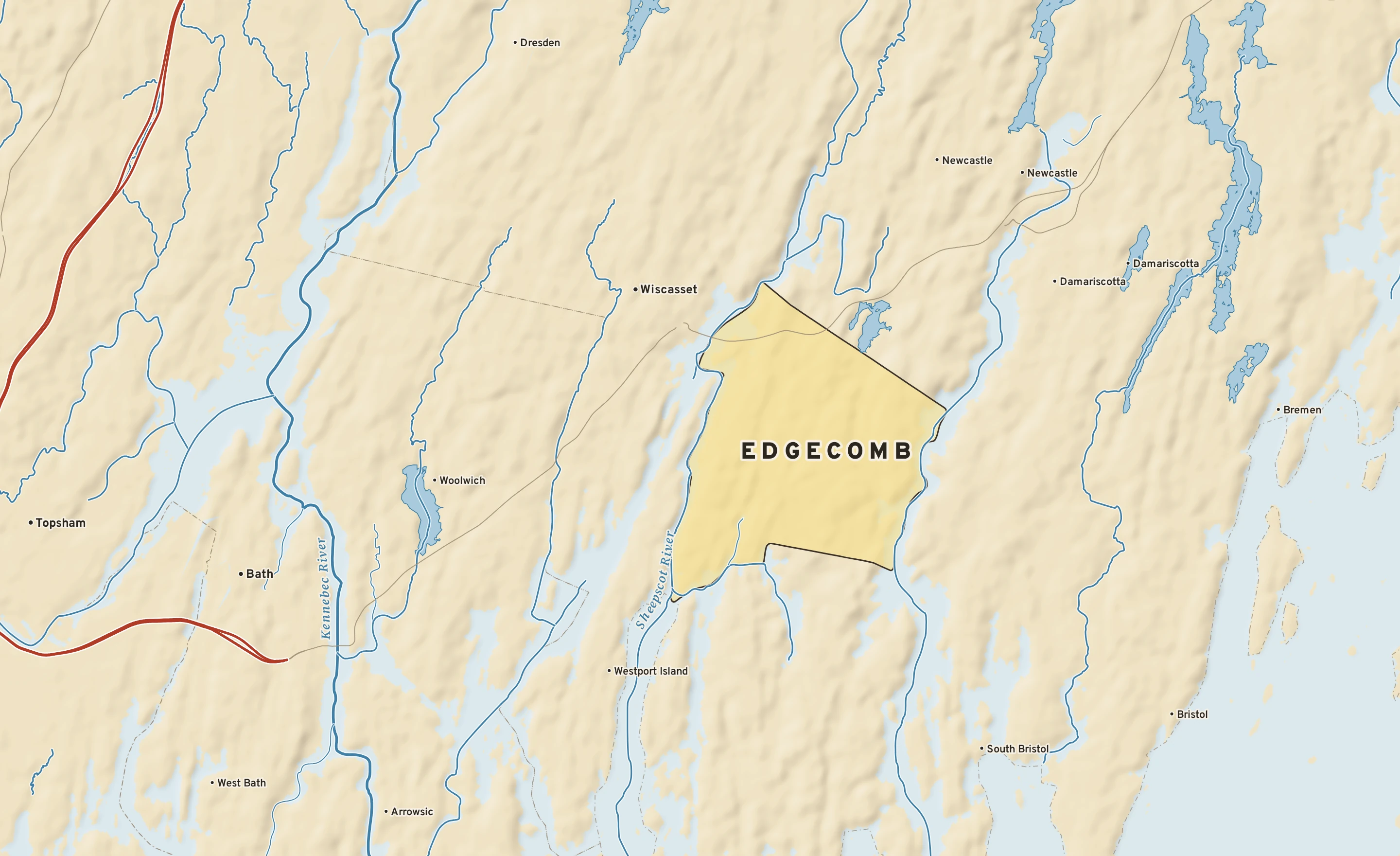 Shaded-relief atlas plate of Edgecomb, Maine: rivers, roads, the city limits and where the water drains.