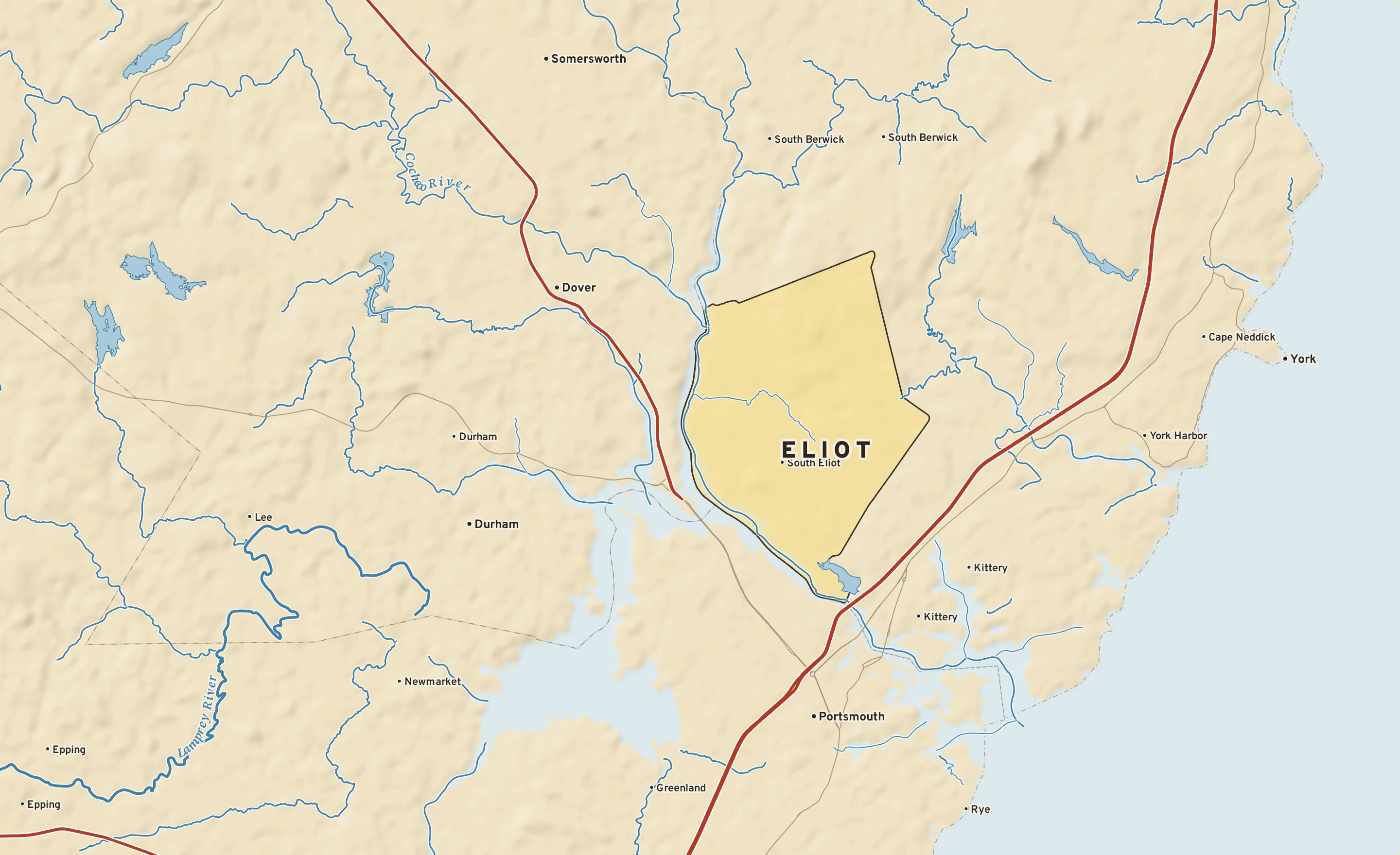 Shaded-relief atlas plate of Eliot, Maine: rivers, roads, the city limits and where the water drains.