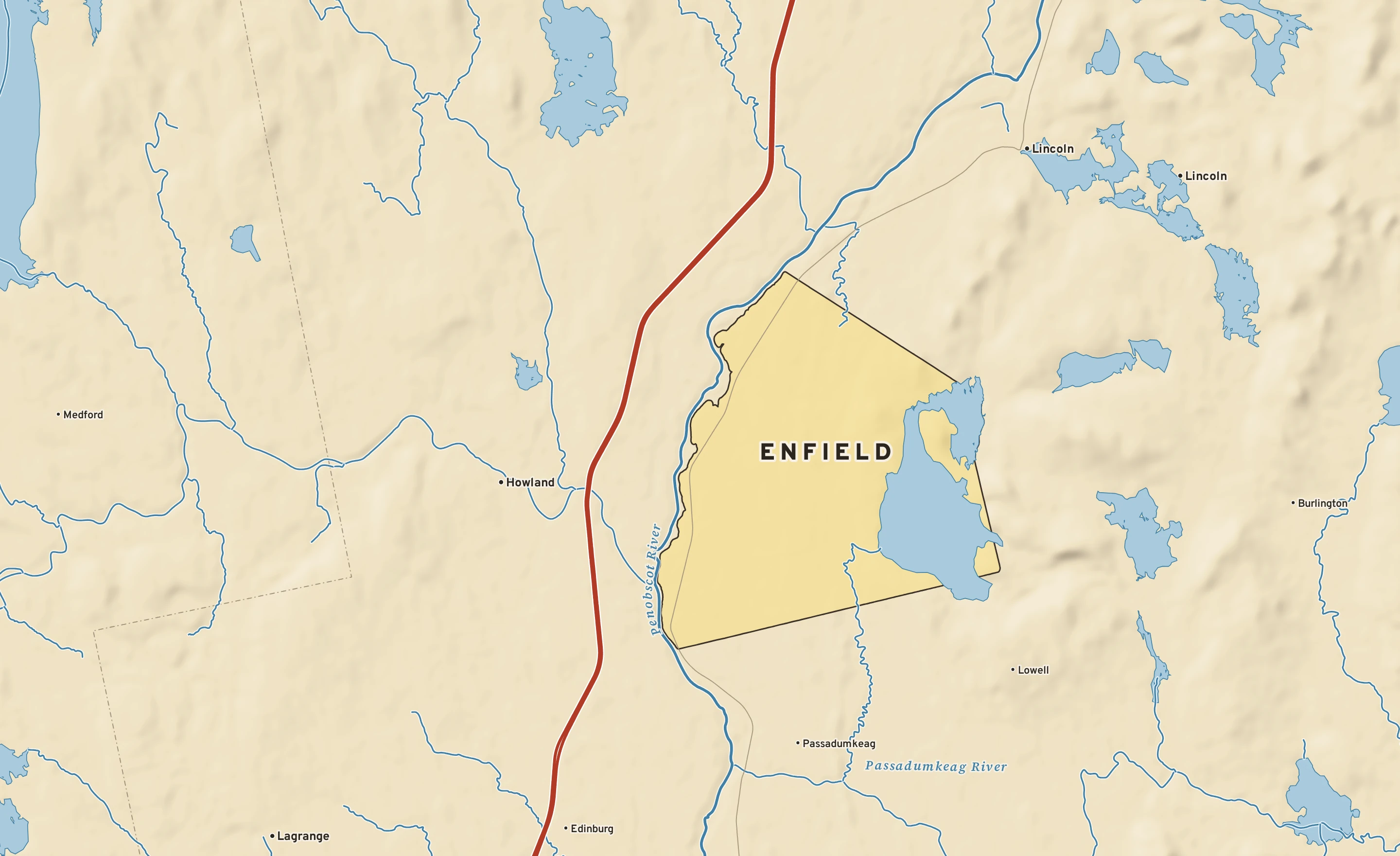 Shaded-relief atlas plate of Enfield, Maine: rivers, roads, the city limits and where the water drains.