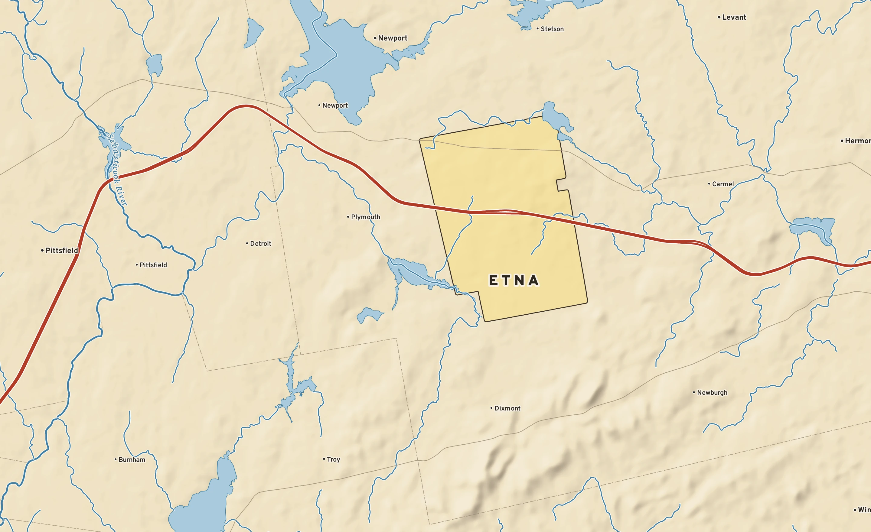 Shaded-relief atlas plate of Etna, Maine: rivers, roads, the city limits and where the water drains.