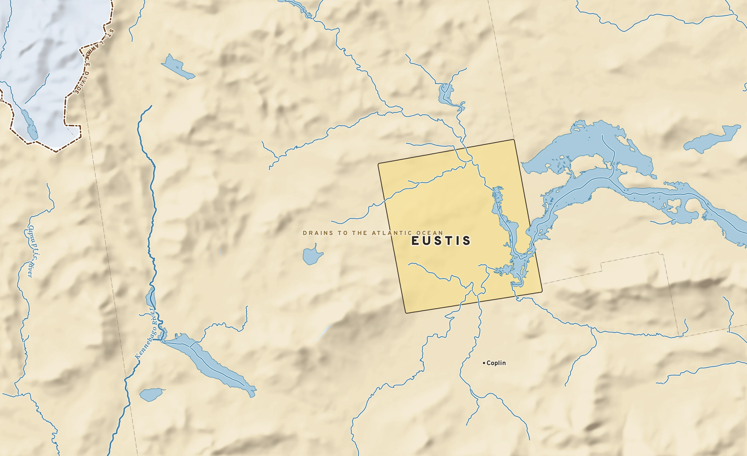 Shaded-relief atlas plate of Eustis, Maine: rivers, roads, the city limits and where the water drains.