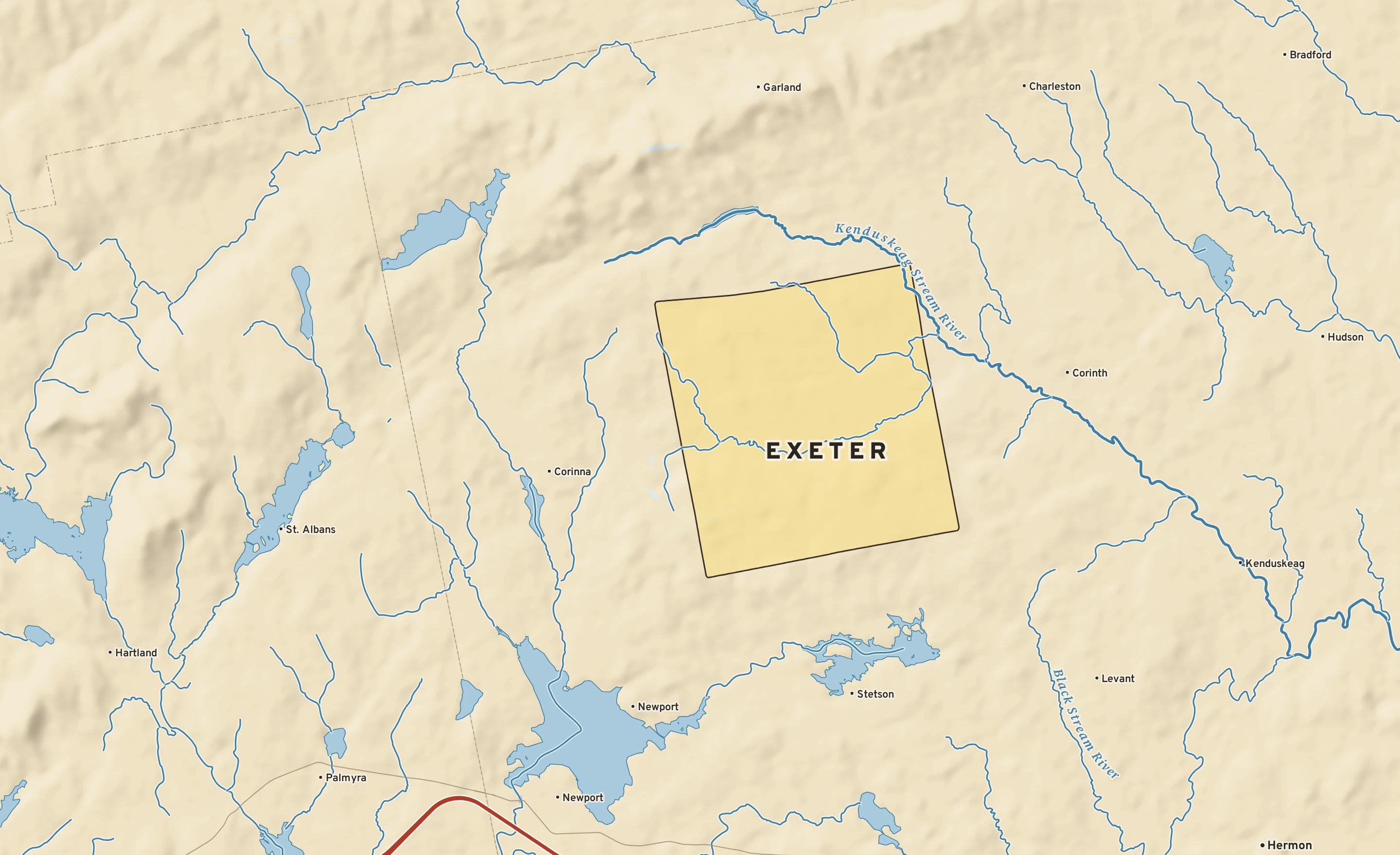 Shaded-relief atlas plate of Exeter, Maine: rivers, roads, the city limits and where the water drains.