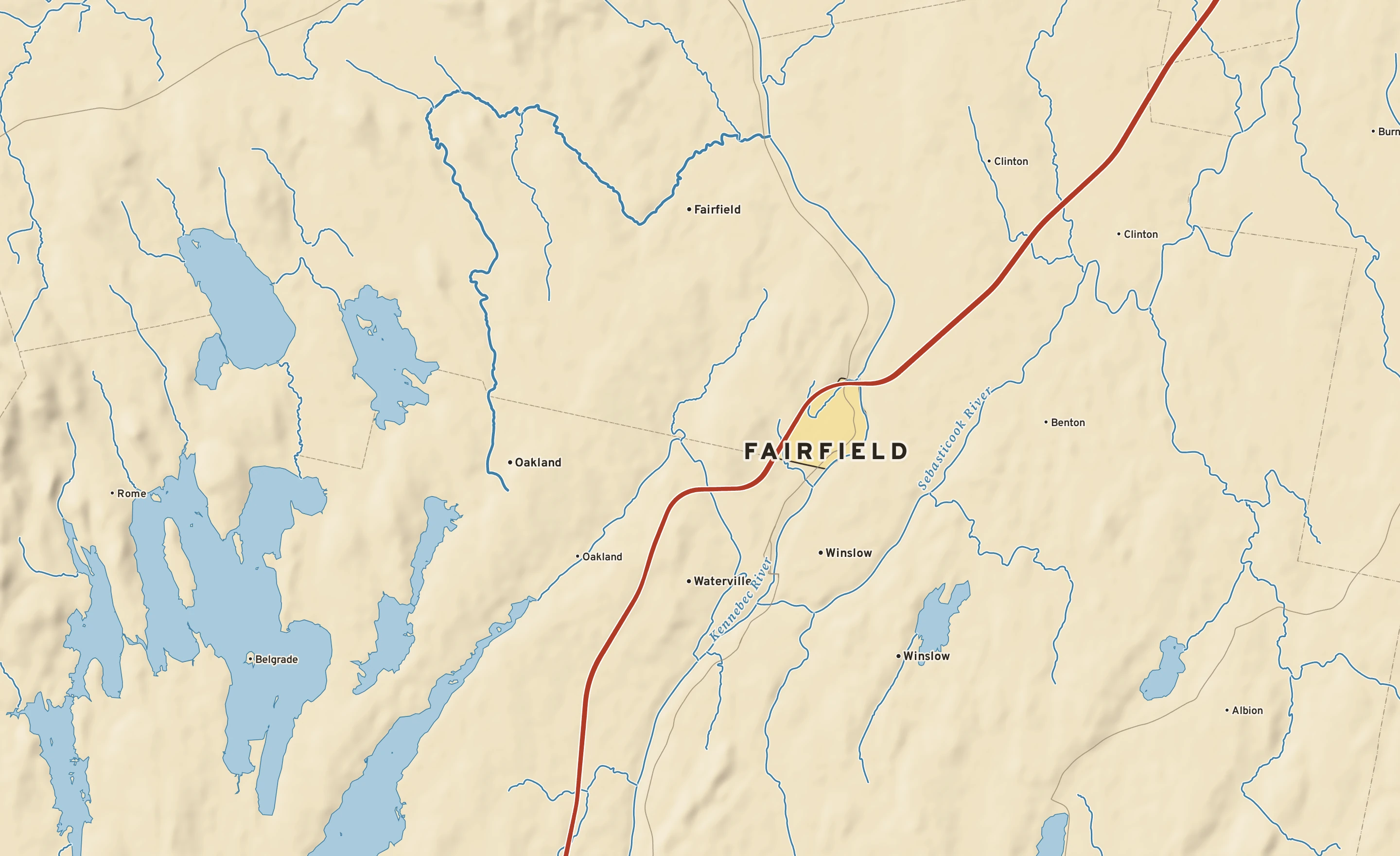Shaded-relief atlas plate of Fairfield, Maine: rivers, roads, the city limits and where the water drains.