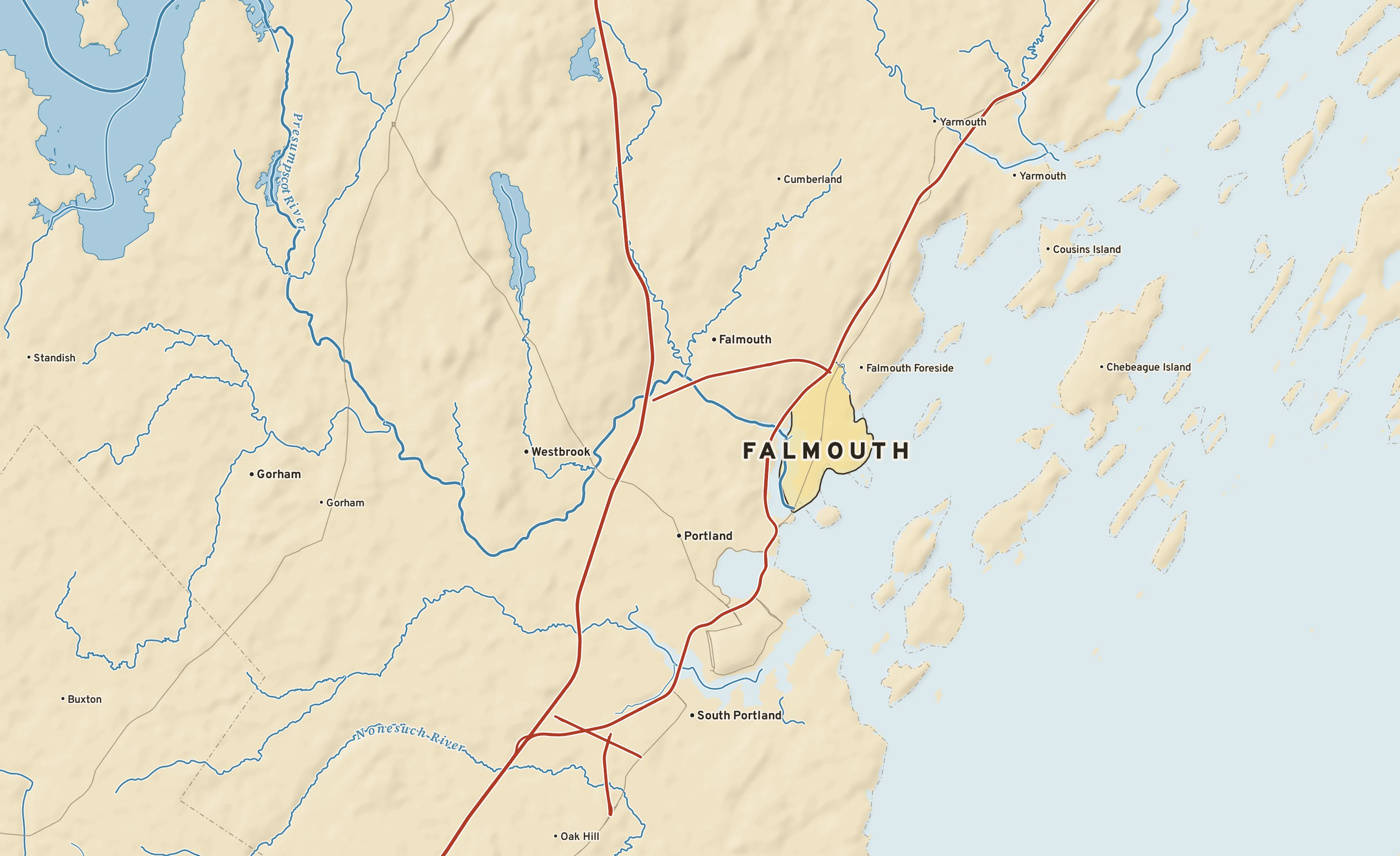 Shaded-relief atlas plate of Falmouth, Maine: rivers, roads, the city limits and where the water drains.