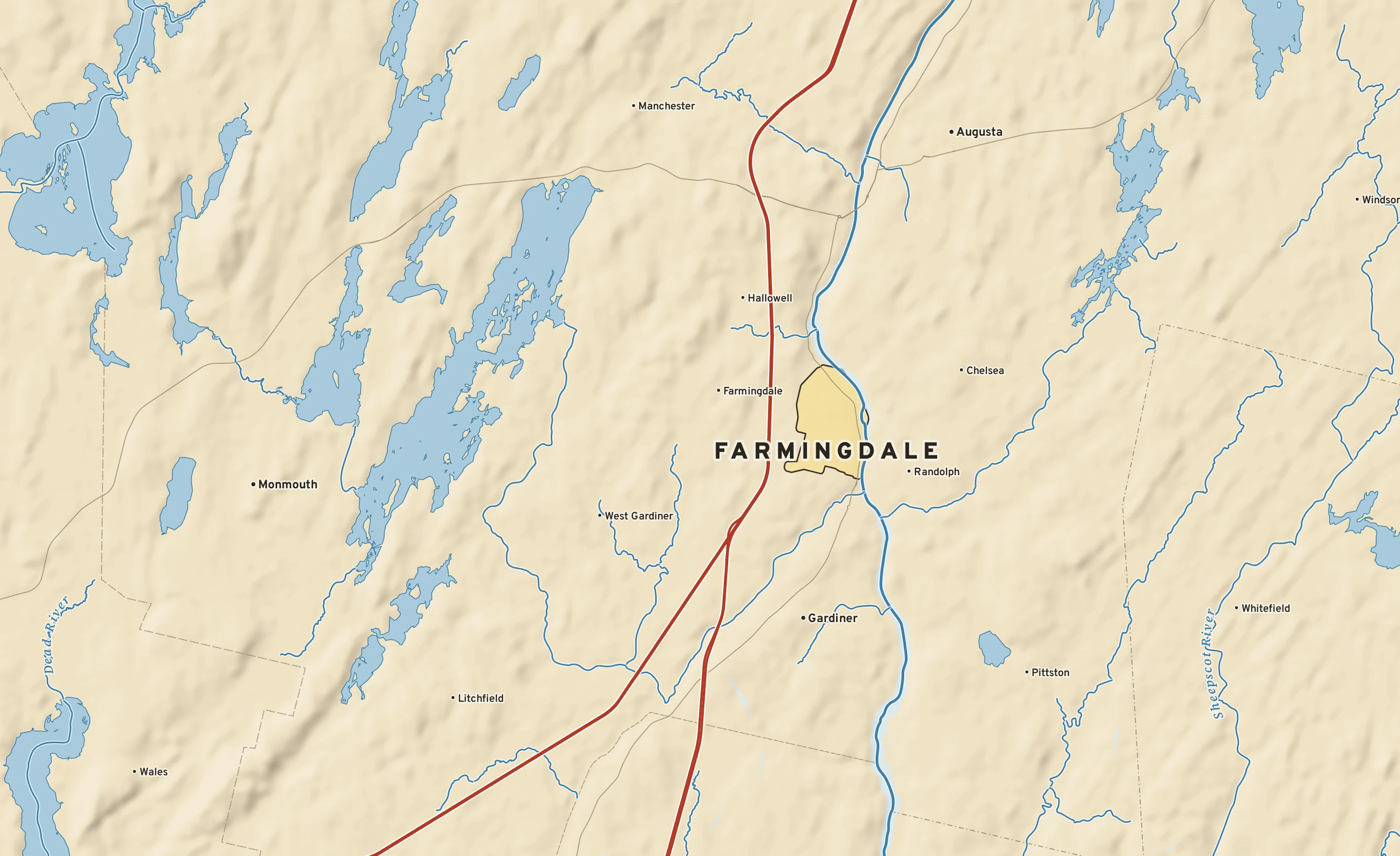 Shaded-relief atlas plate of Farmingdale, Maine: rivers, roads, the city limits and where the water drains.
