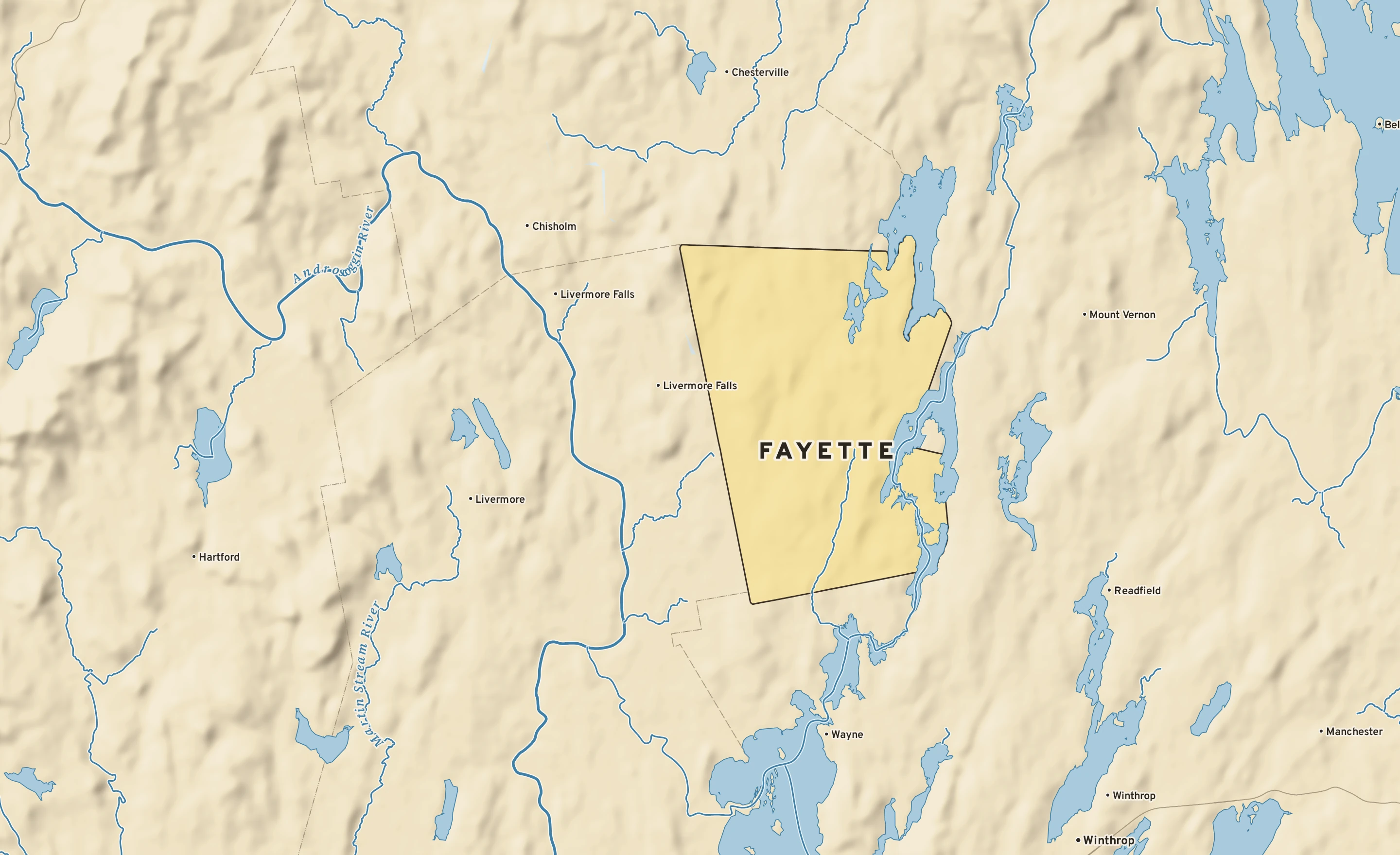 Shaded-relief atlas plate of Fayette, Maine: rivers, roads, the city limits and where the water drains.