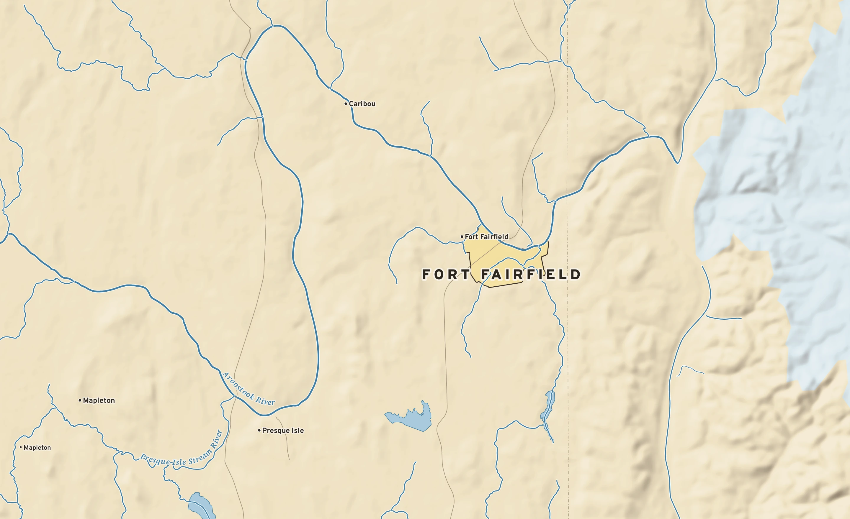 Shaded-relief atlas plate of Fort Fairfield, Maine: rivers, roads, the city limits and where the water drains.