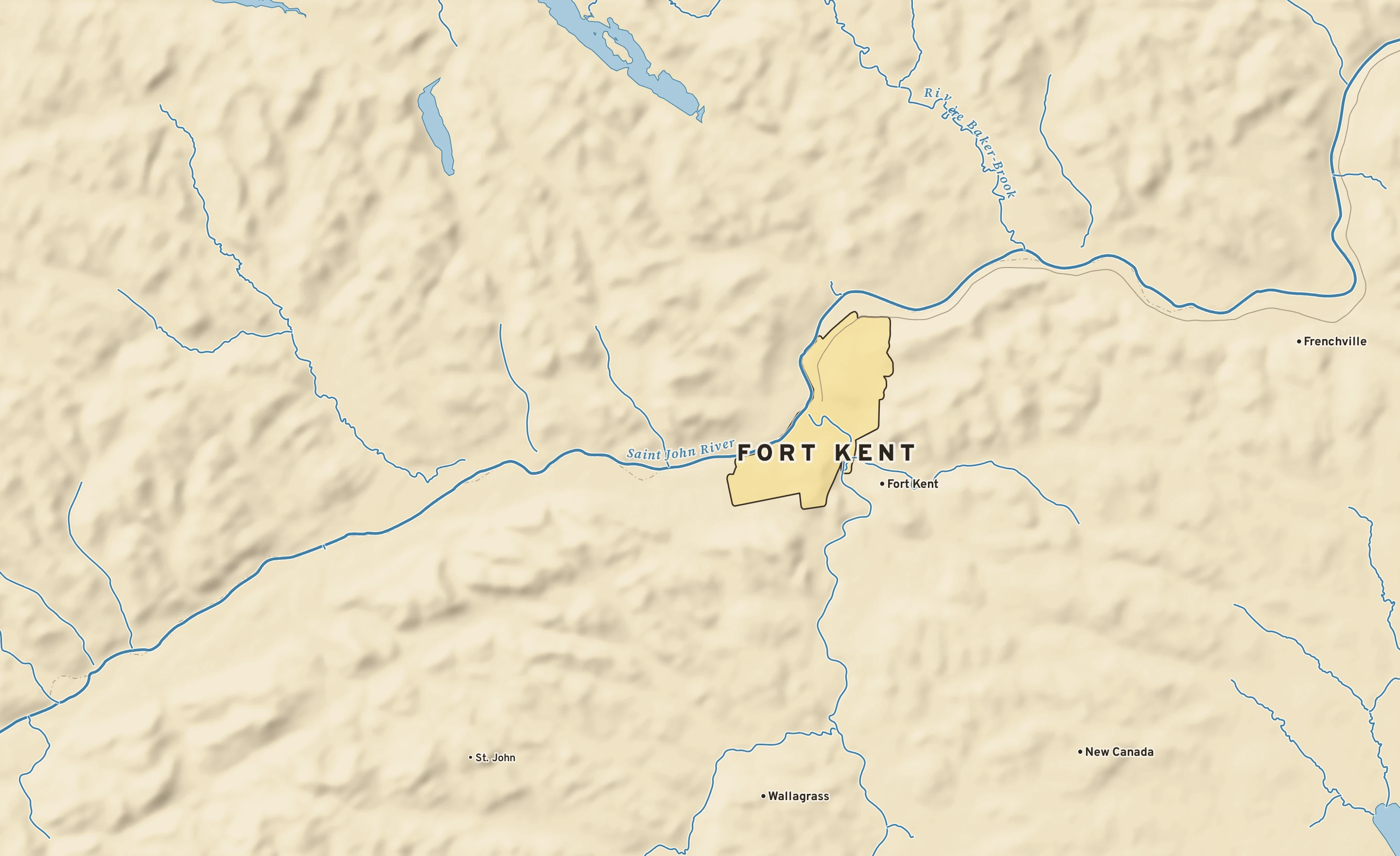 Shaded-relief atlas plate of Fort Kent, Maine: rivers, roads, the city limits and where the water drains.