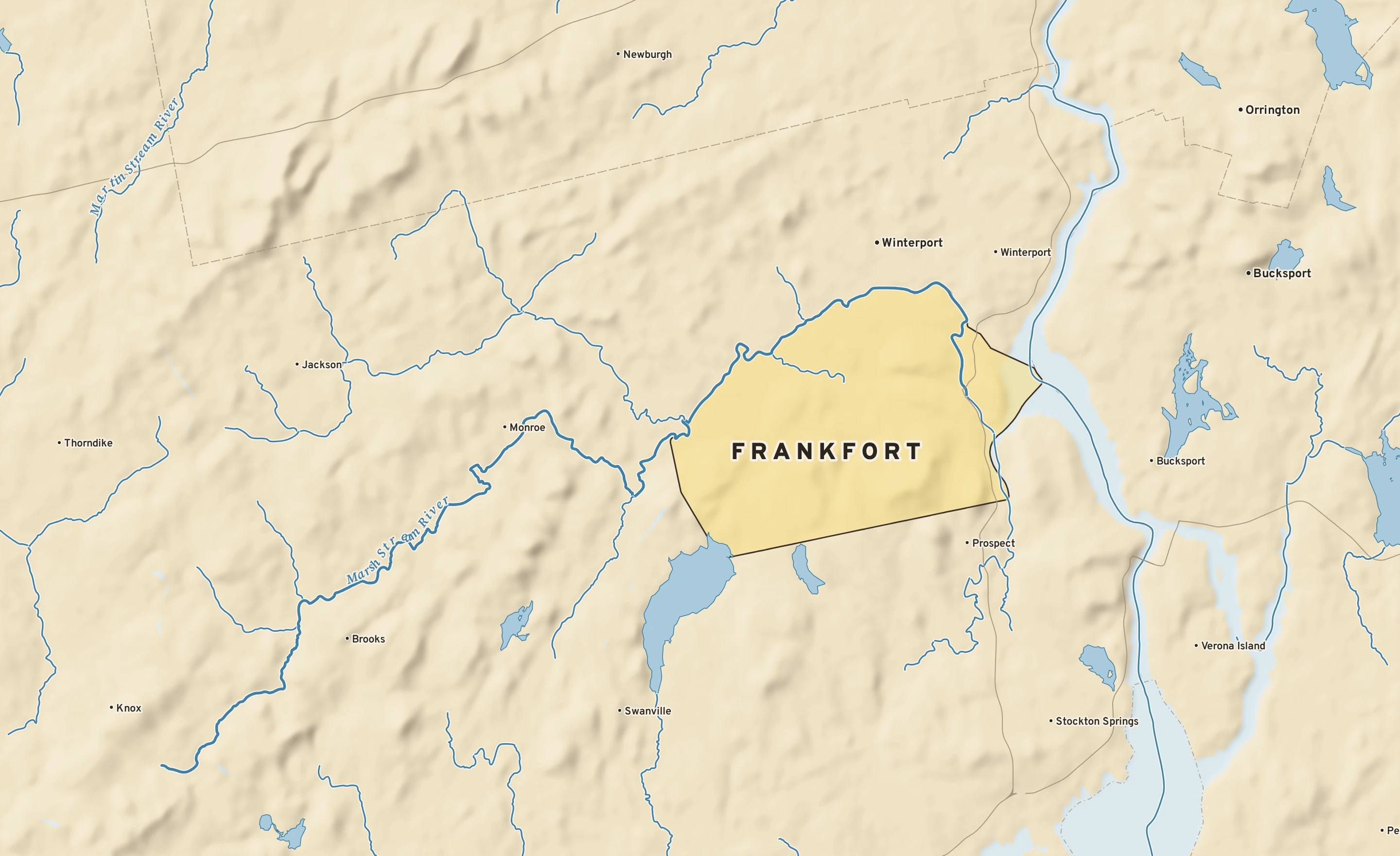 Shaded-relief atlas plate of Frankfort, Maine: rivers, roads, the city limits and where the water drains.