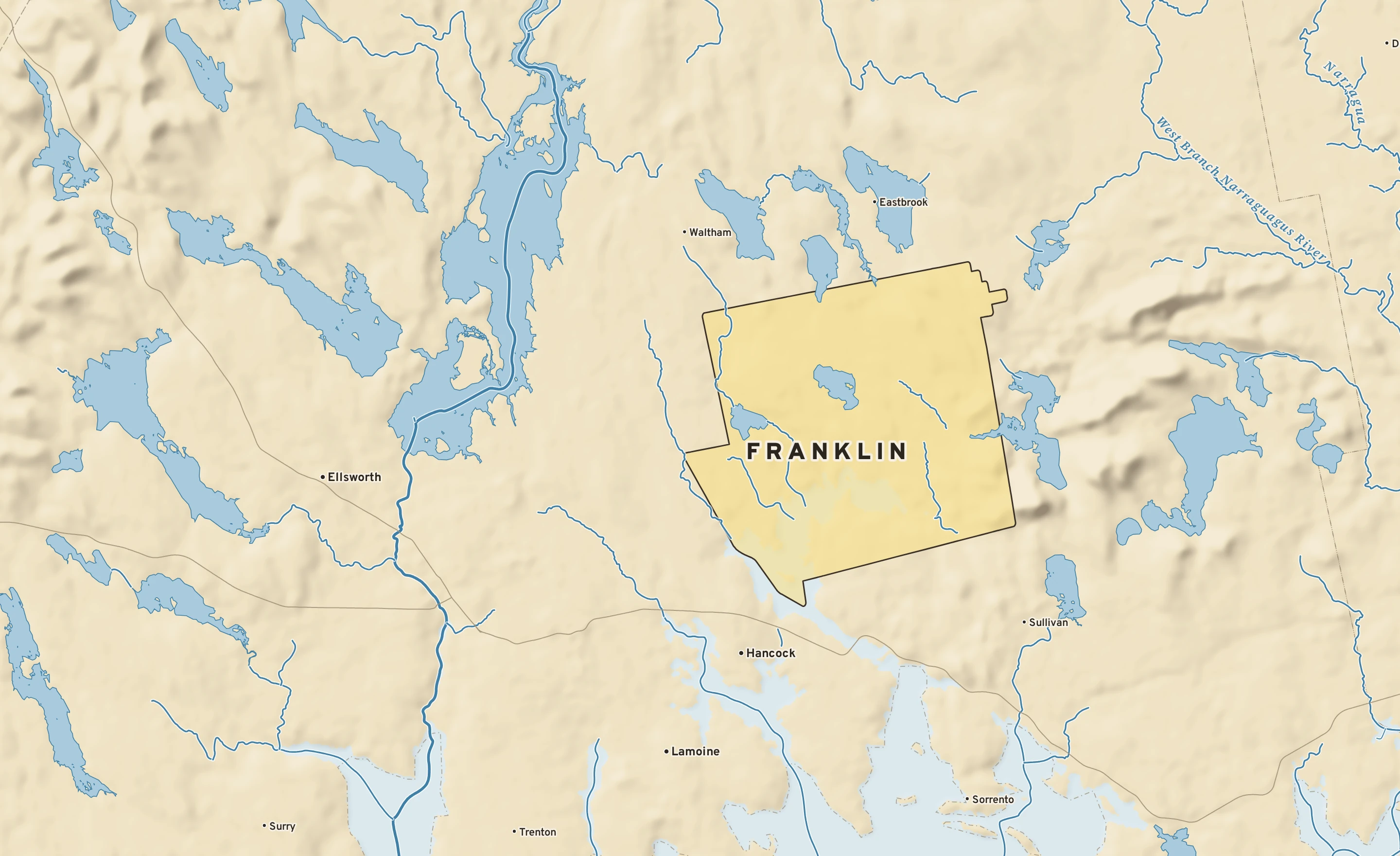 Shaded-relief atlas plate of Franklin, Maine: rivers, roads, the city limits and where the water drains.