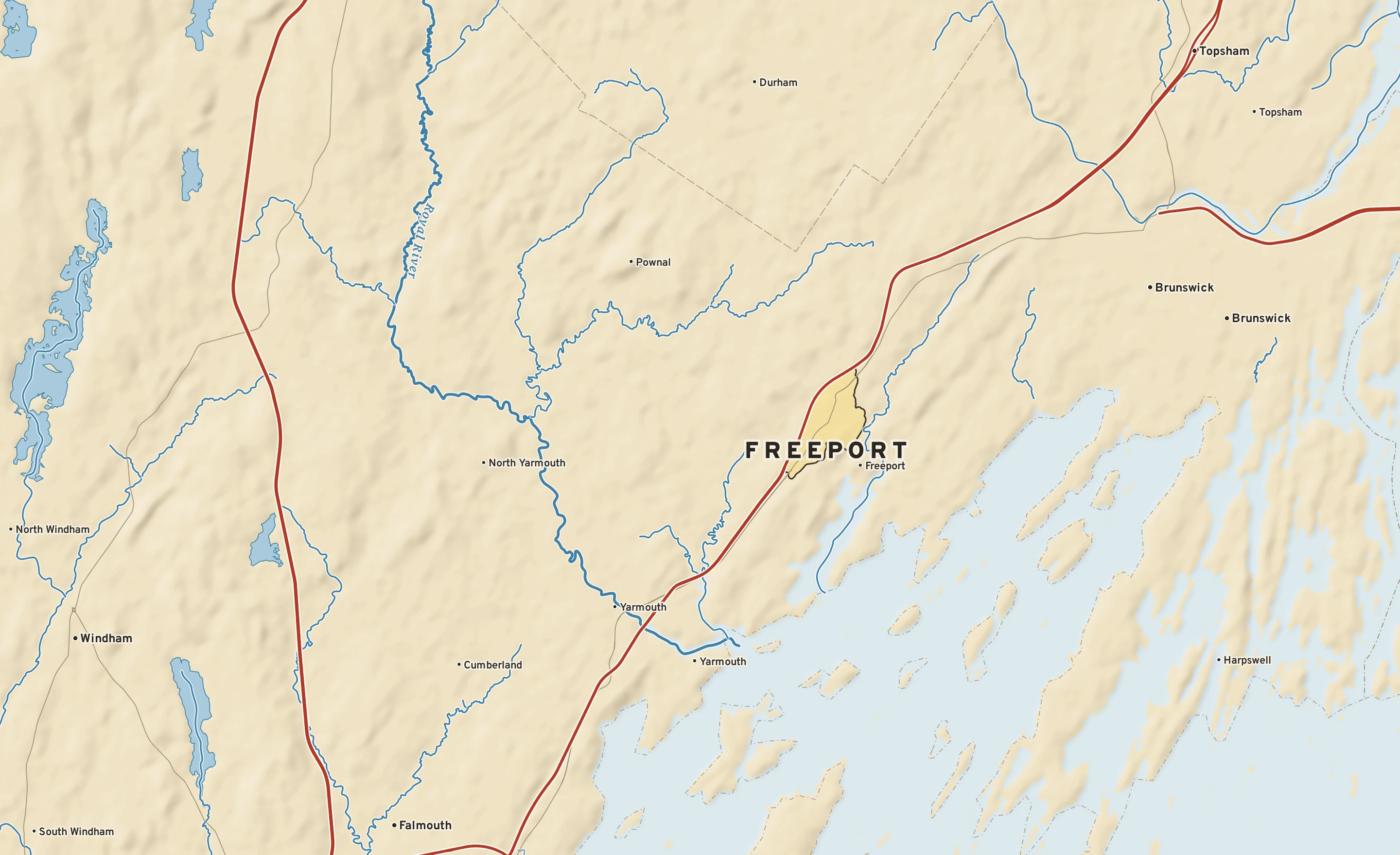 Shaded-relief atlas plate of Freeport, Maine: rivers, roads, the city limits and where the water drains.