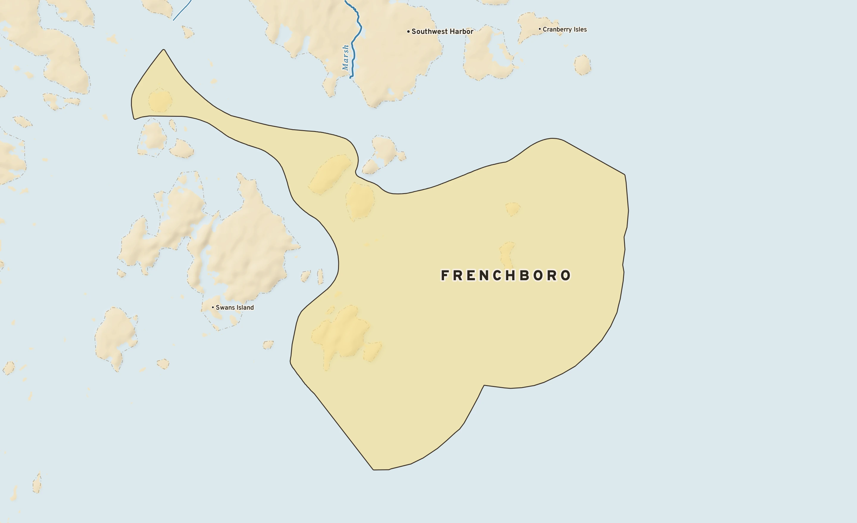 Shaded-relief atlas plate of Frenchboro, Maine: rivers, roads, the city limits and where the water drains.