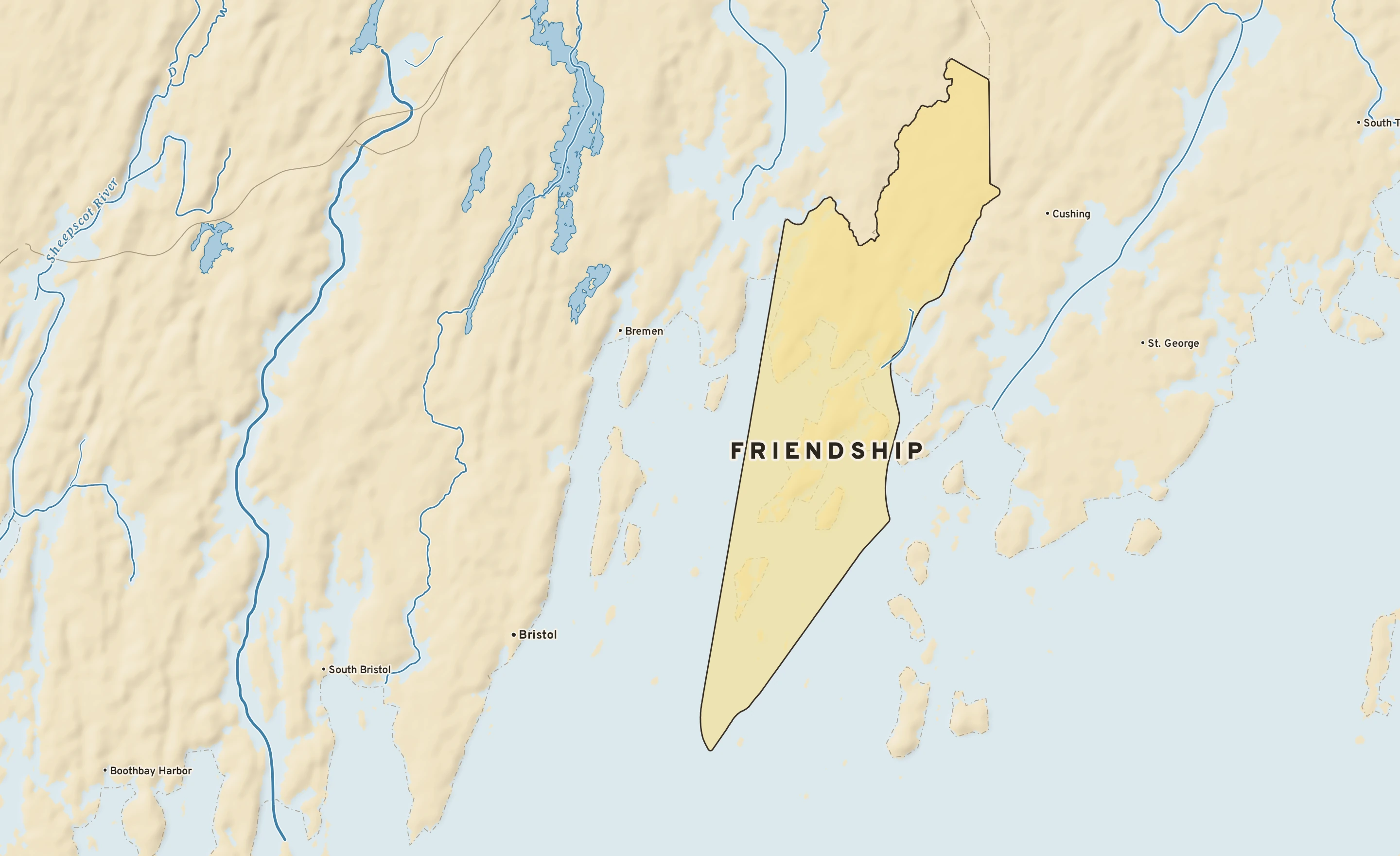 Shaded-relief atlas plate of Friendship, Maine: rivers, roads, the city limits and where the water drains.