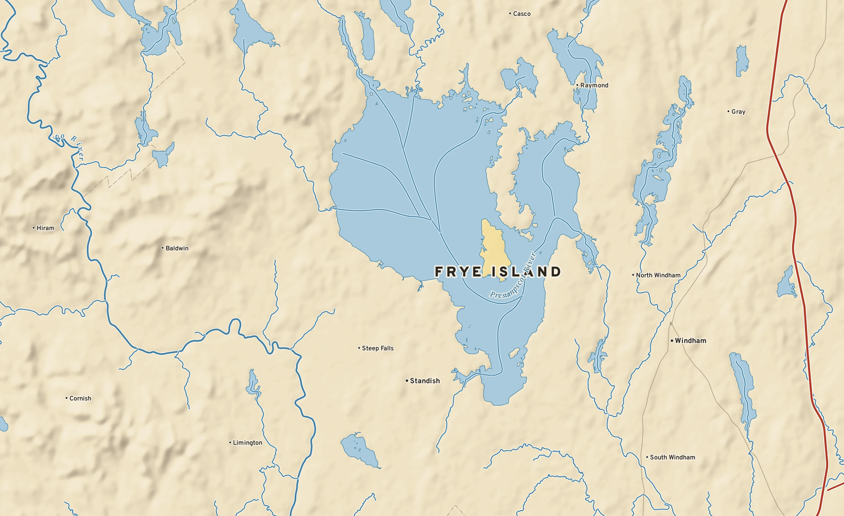 Shaded-relief atlas plate of Frye Island, Maine: rivers, roads, the city limits and where the water drains.