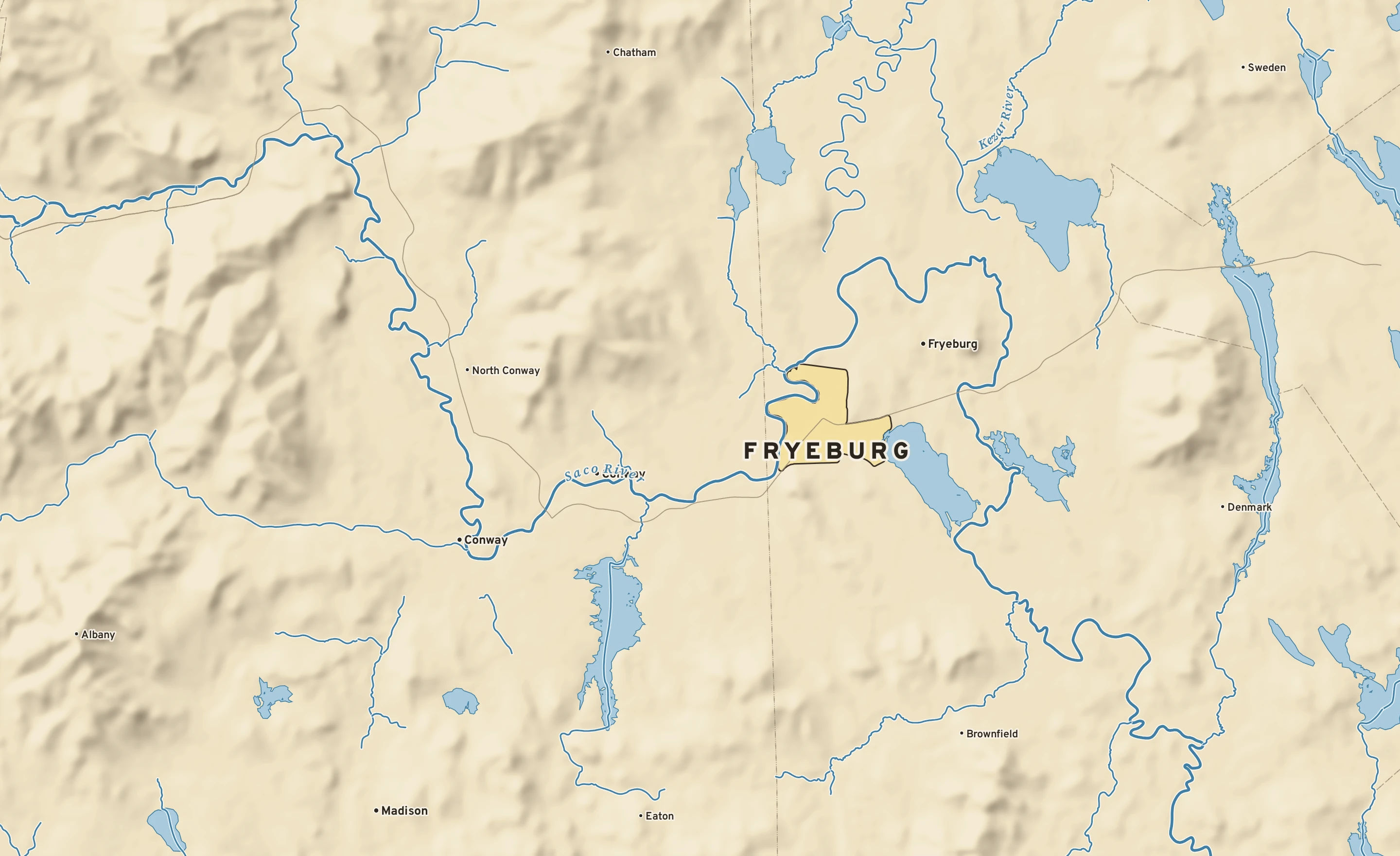 Shaded-relief atlas plate of Fryeburg, Maine: rivers, roads, the city limits and where the water drains.