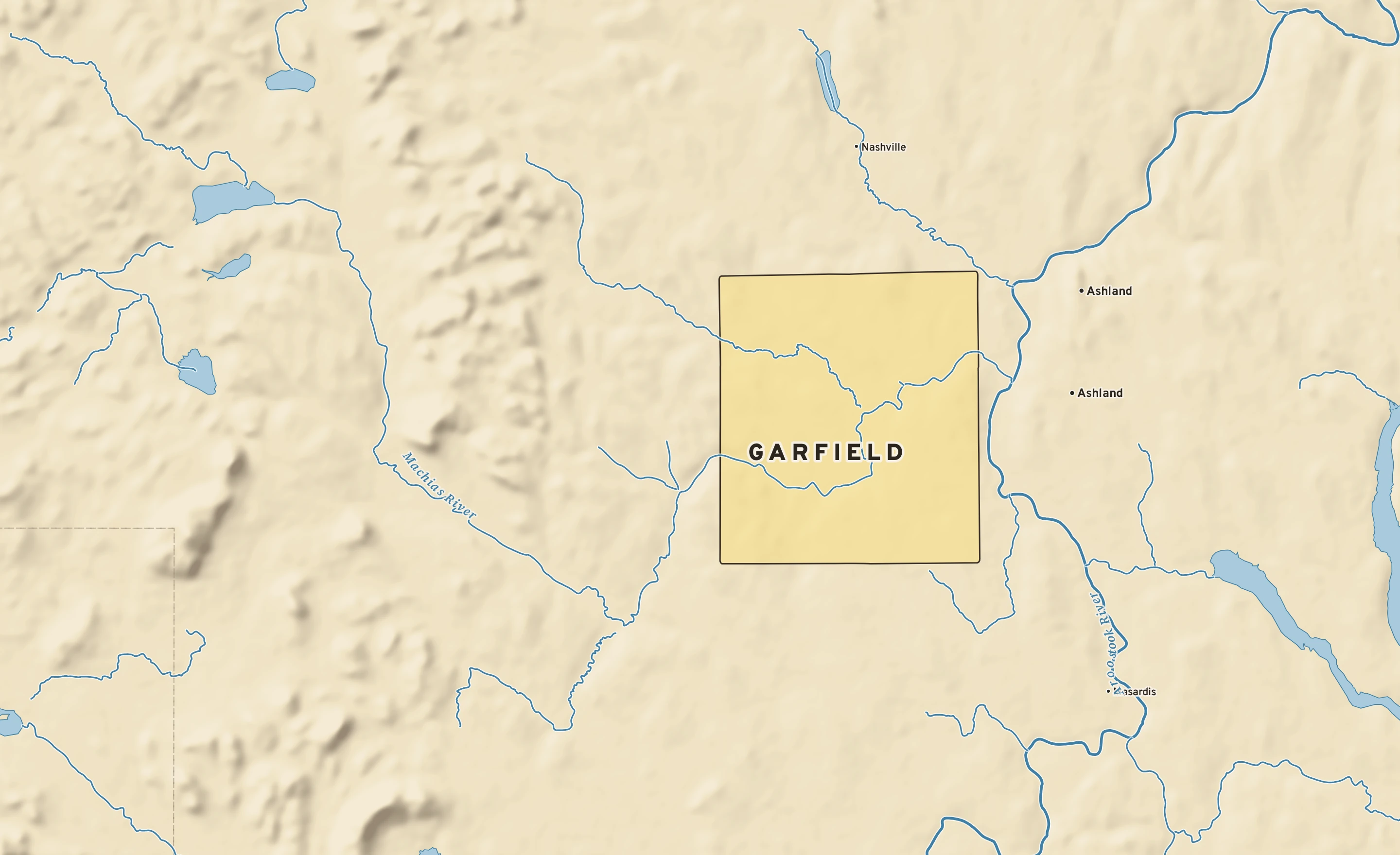 Shaded-relief atlas plate of Garfield, Maine: rivers, roads, the city limits and where the water drains.