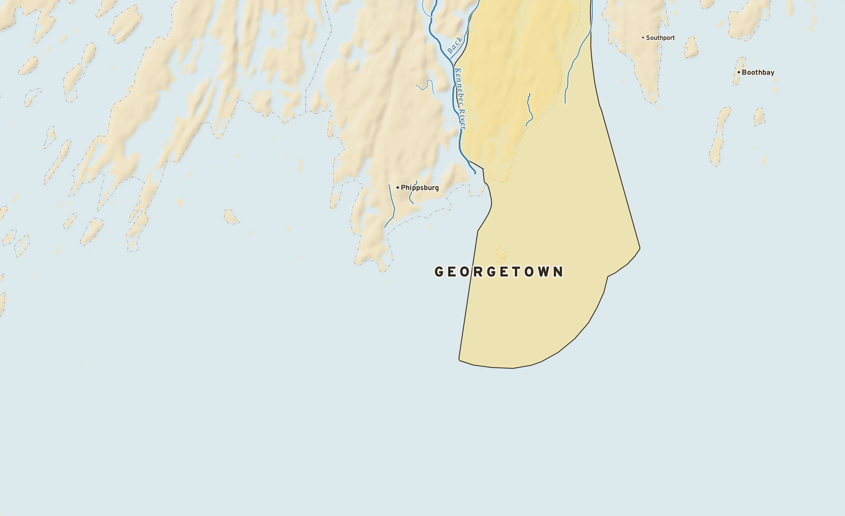 Shaded-relief atlas plate of Georgetown, Maine: rivers, roads, the city limits and where the water drains.