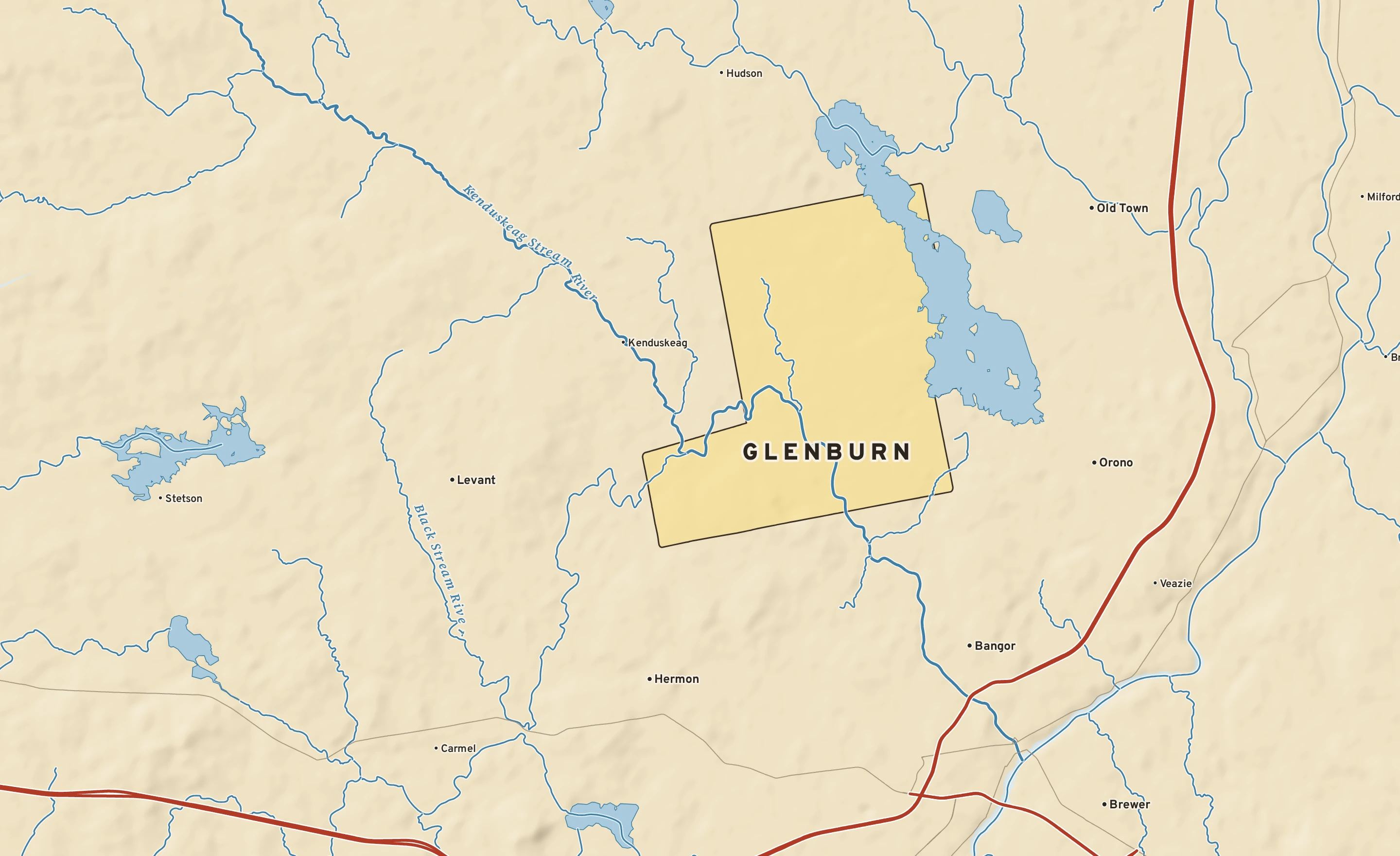 Shaded-relief atlas plate of Glenburn, Maine: rivers, roads, the city limits and where the water drains.