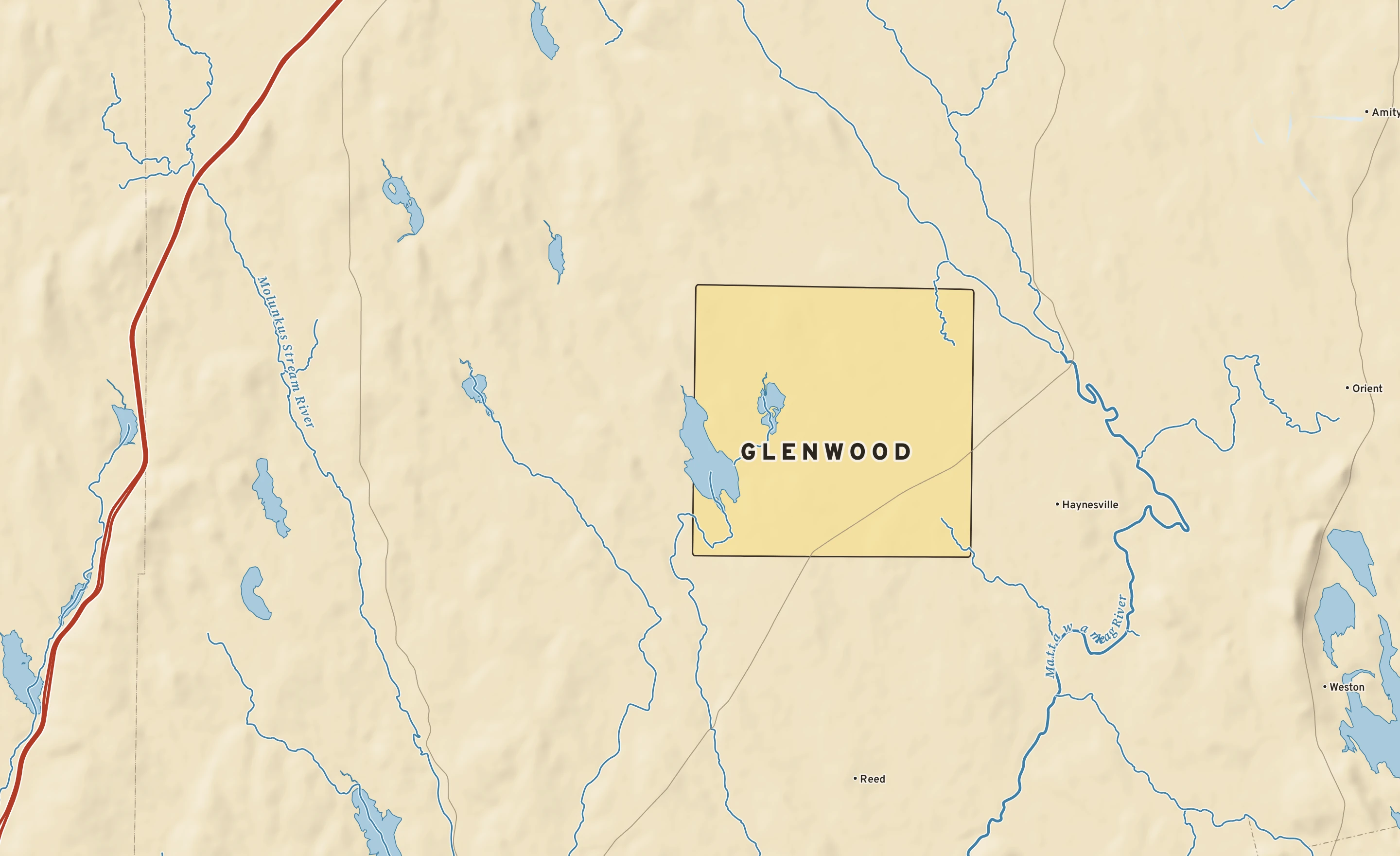 Shaded-relief atlas plate of Glenwood, Maine: rivers, roads, the city limits and where the water drains.