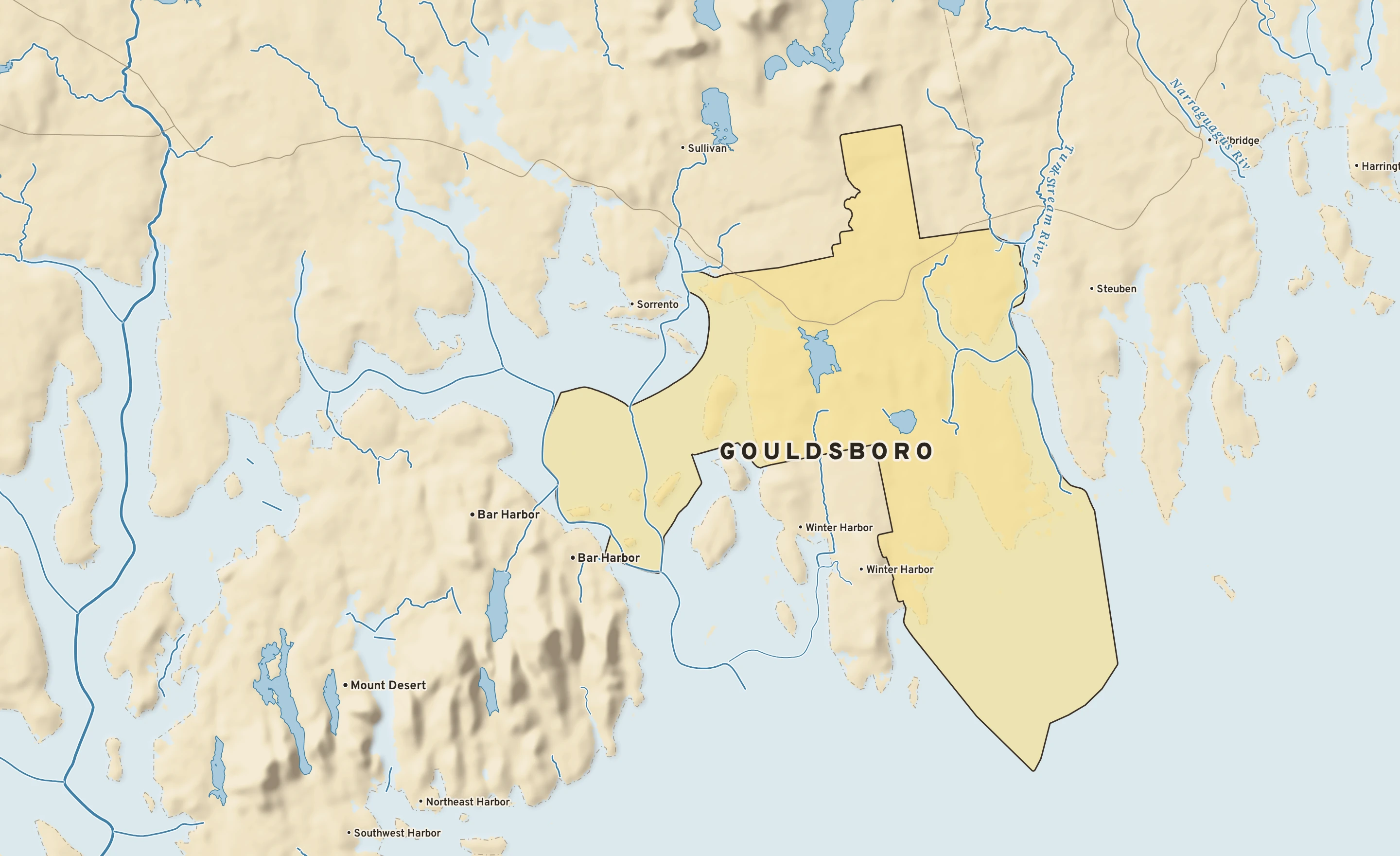 Shaded-relief atlas plate of Gouldsboro, Maine: rivers, roads, the city limits and where the water drains.